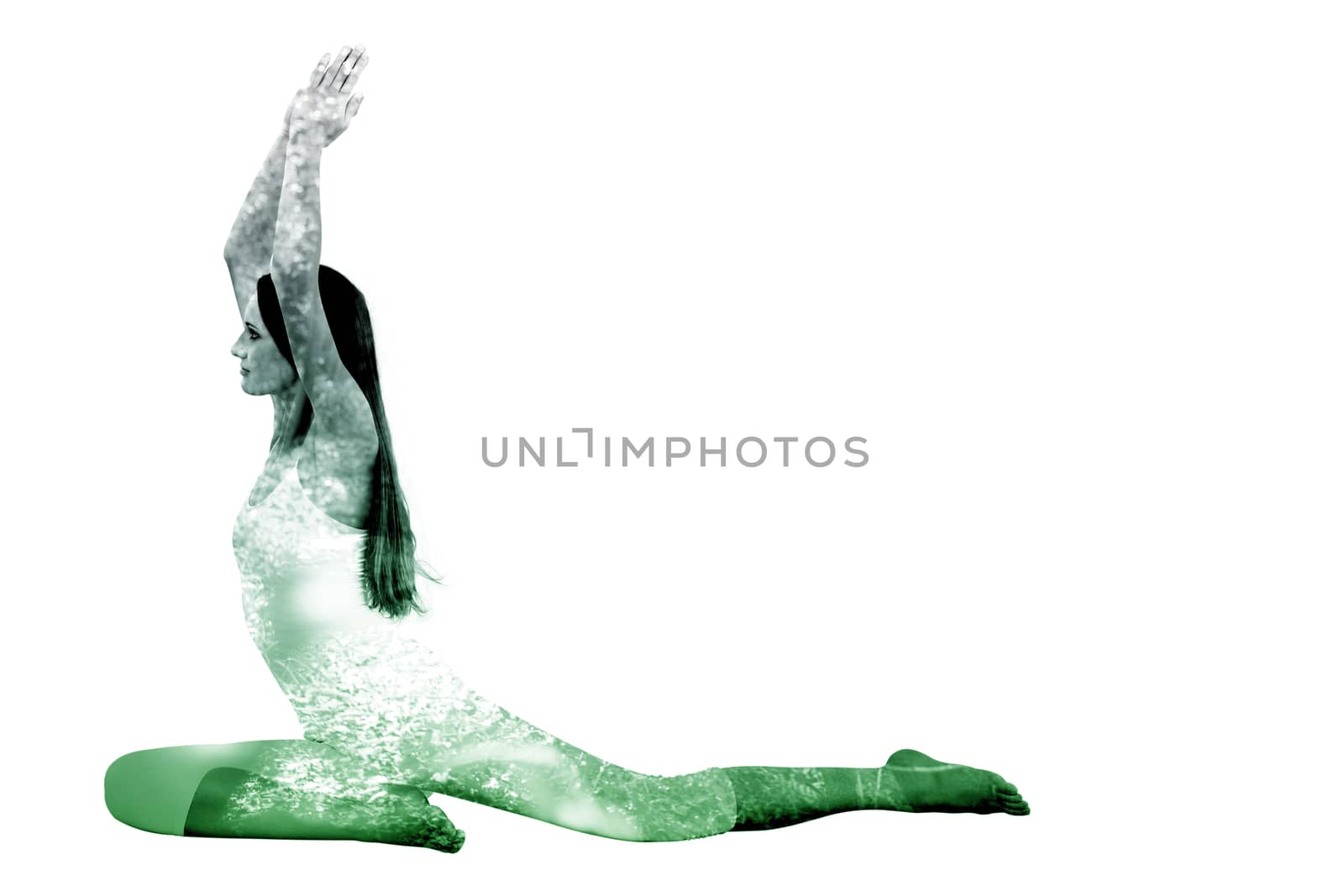 Composite image of sporty woman with joined hands over head at a fitness studio by Wavebreakmedia