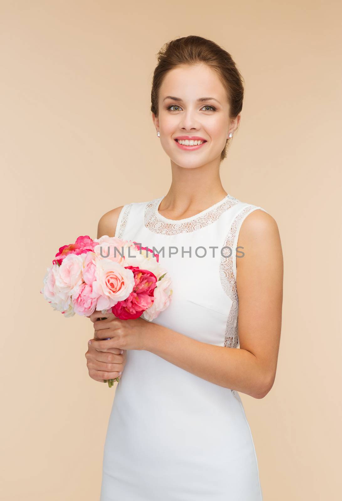 smiling woman in white dress with bouquet of roses by dolgachov
