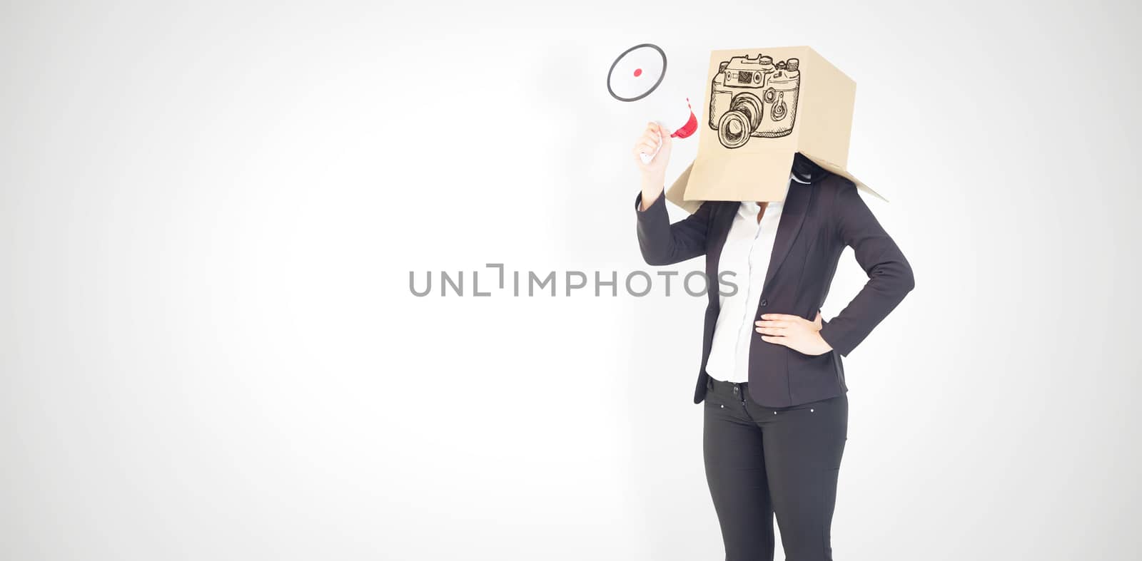 Anonymous businesswoman holding a megaphone against white background with vignette