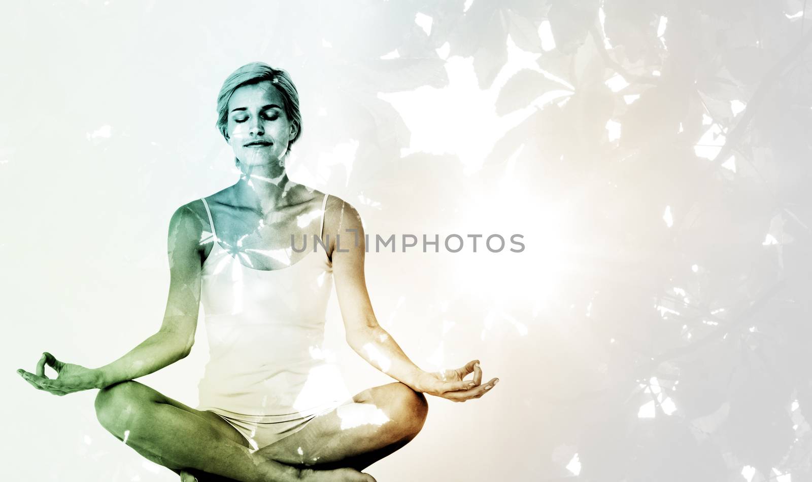 Fit woman doing yoga against autumnal leaves and sunlight Fit woman doing yoga on white background