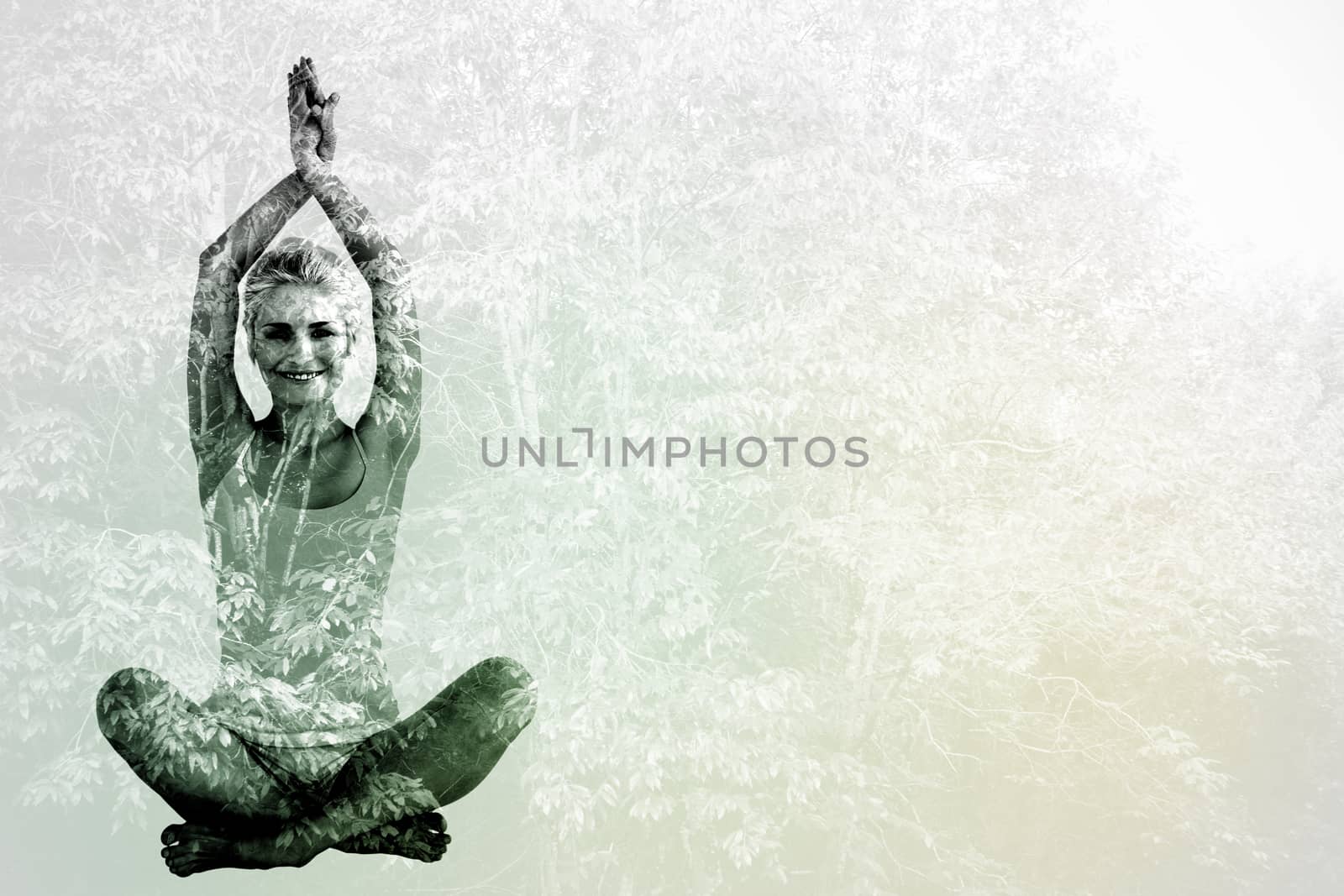 Composite image of sporty woman sitting in namaskar pose with twisted hands by Wavebreakmedia