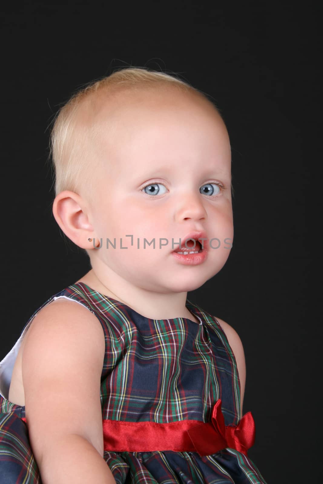 Blonde toddler girl wearing a christmas dress against black