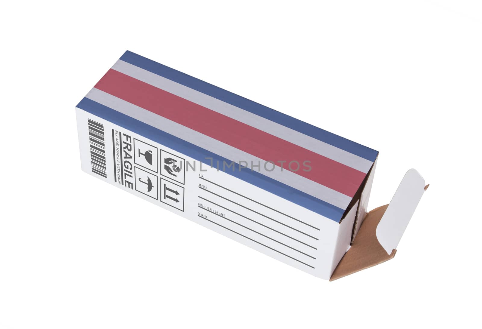 Concept of export, opened paper box - Product of Costa Rica