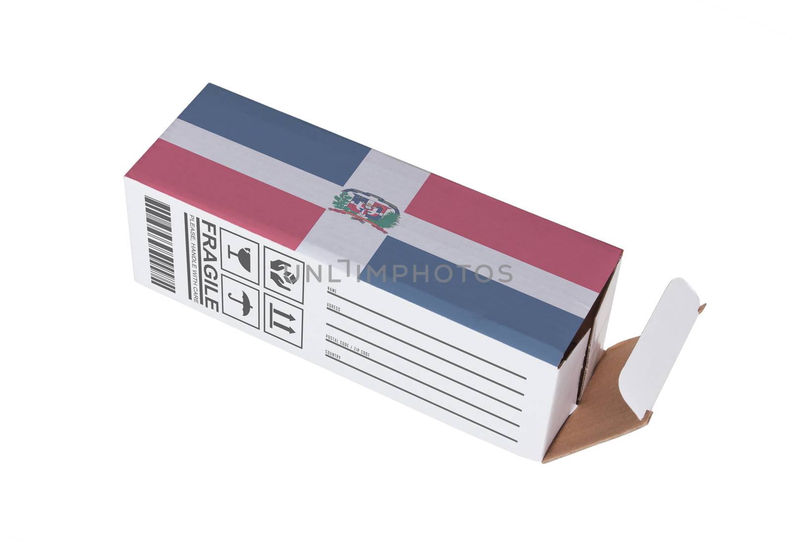 Concept of export, opened paper box - Product of Dominican Republic
