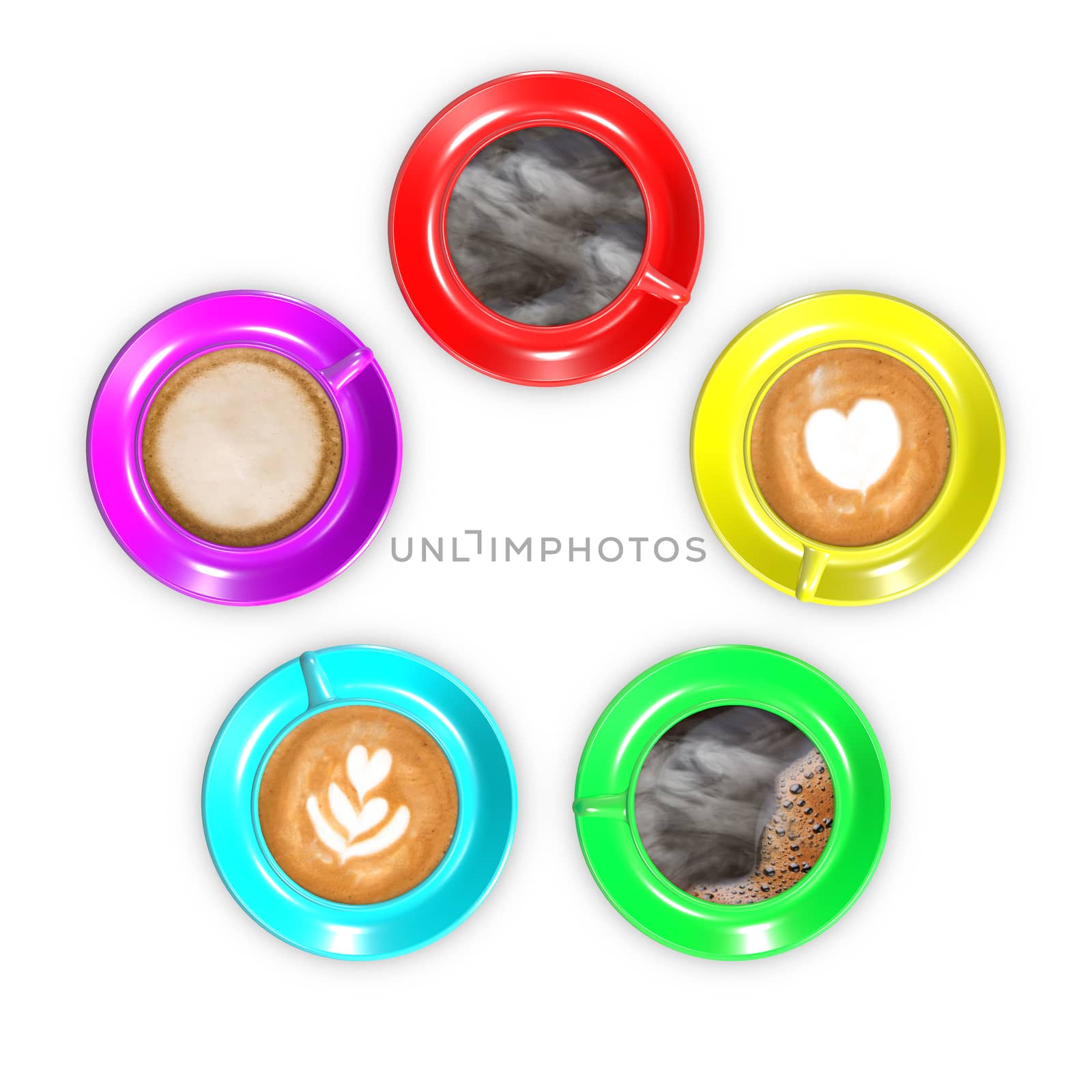 Five coffee cups arranged in circle using rainbow colours and several coffee drinks.