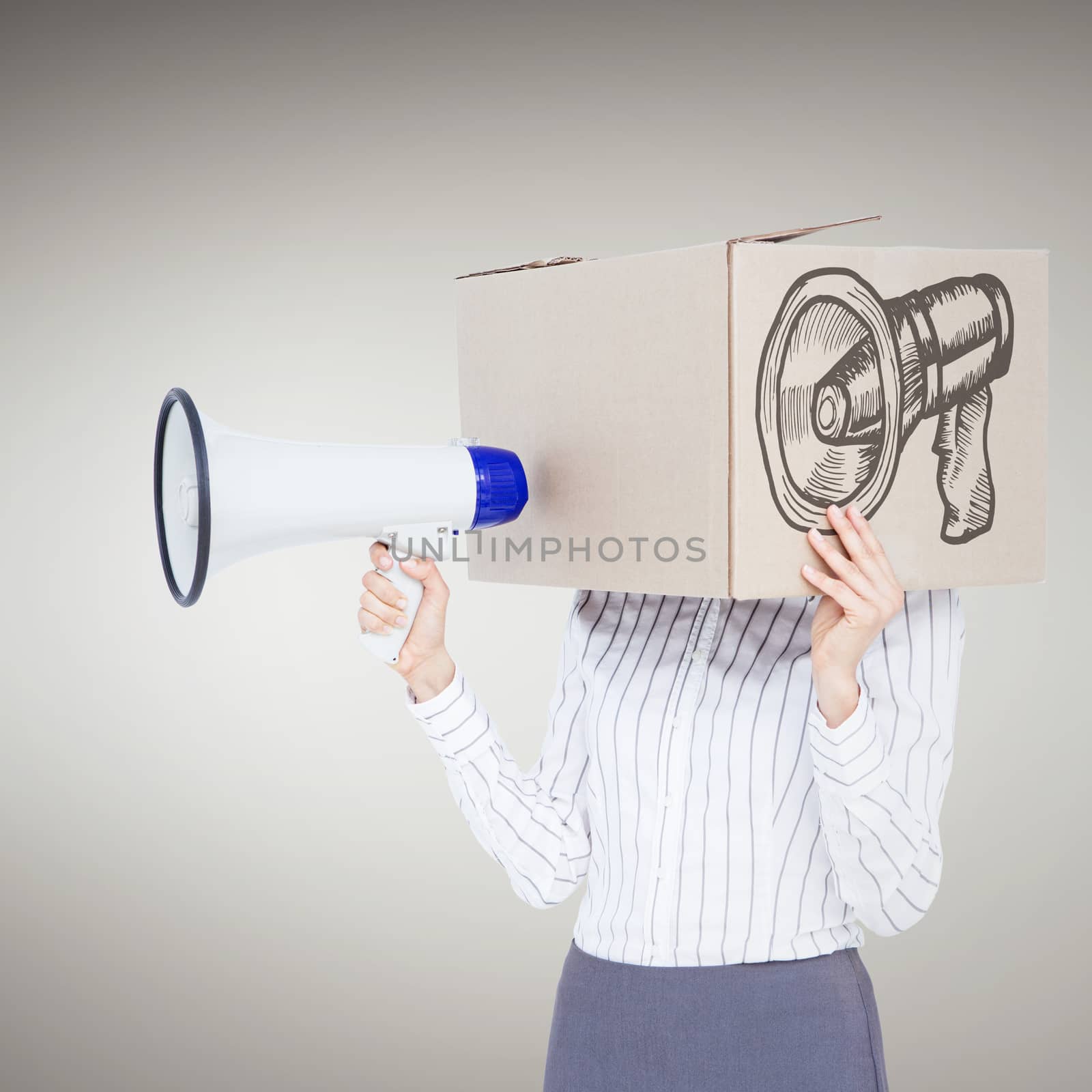 Composite image of businesswoman with box over head and holding a megaphone by Wavebreakmedia