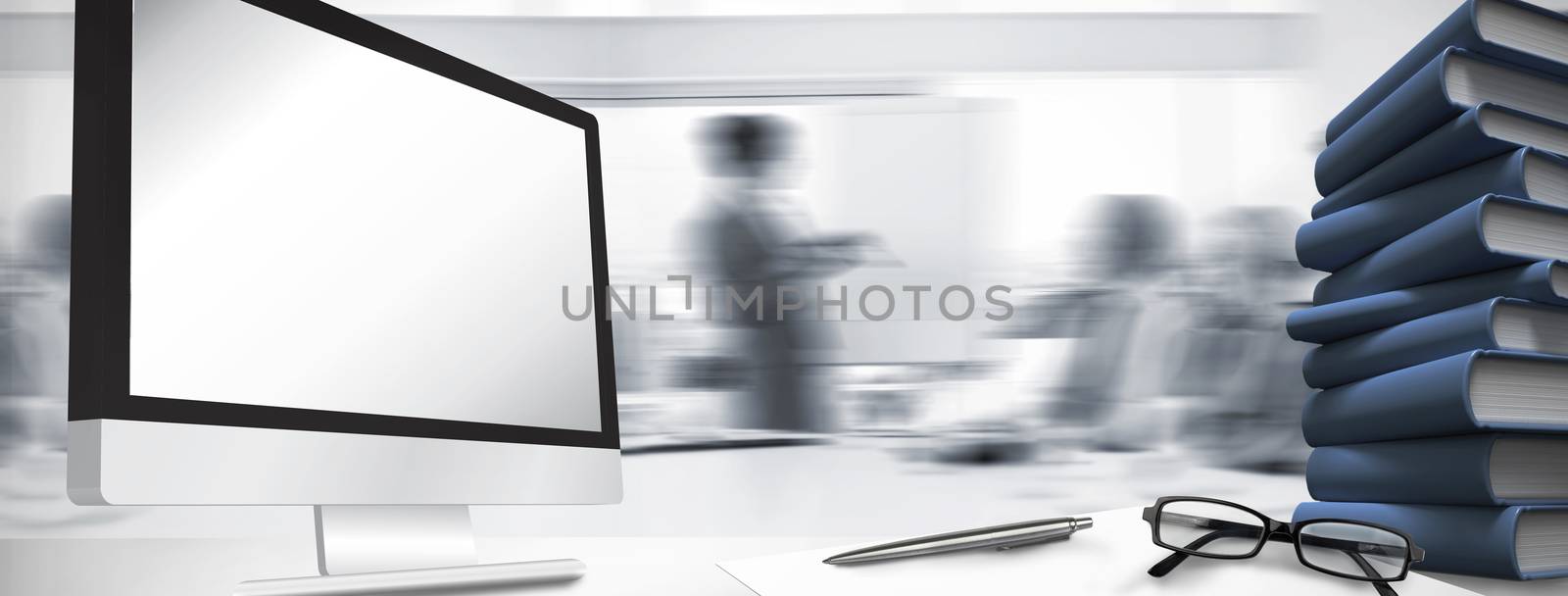 Computer screen against business people listening during meeting 