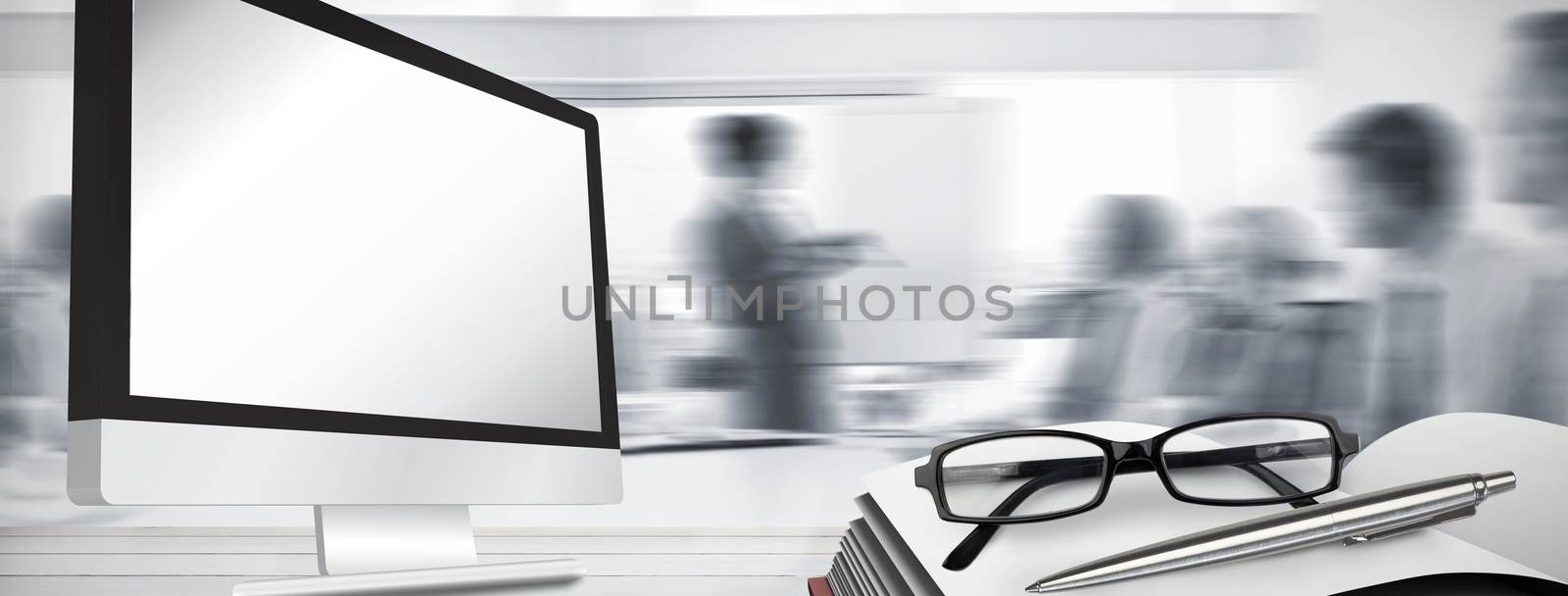 Computer screen against business people listening during meeting 