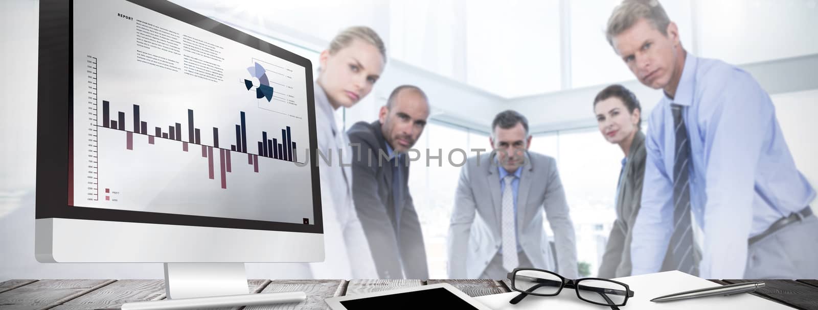 Business interface with graphs and data against business colleagues discussing about work