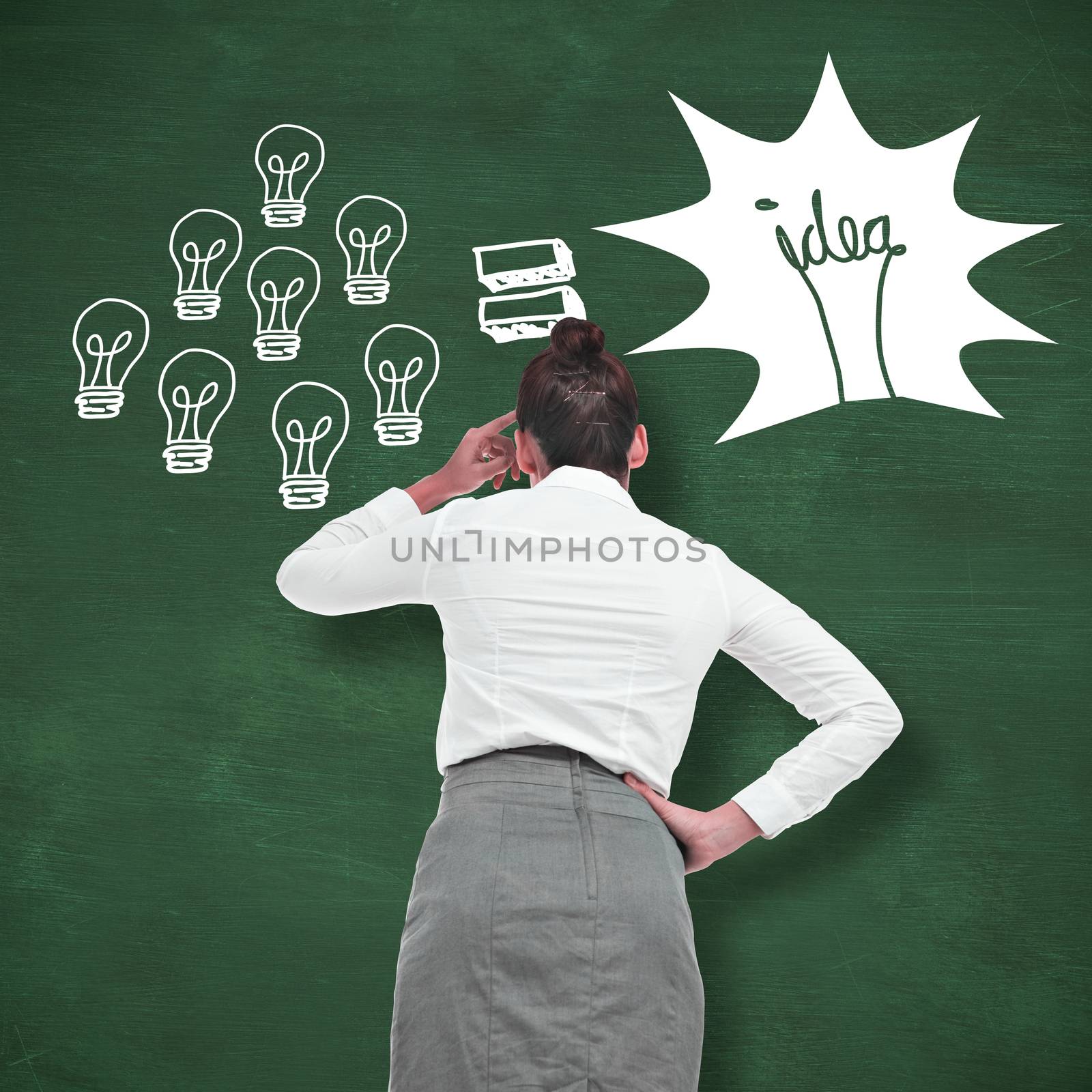 Businesswoman scratching her head against green chalkboard