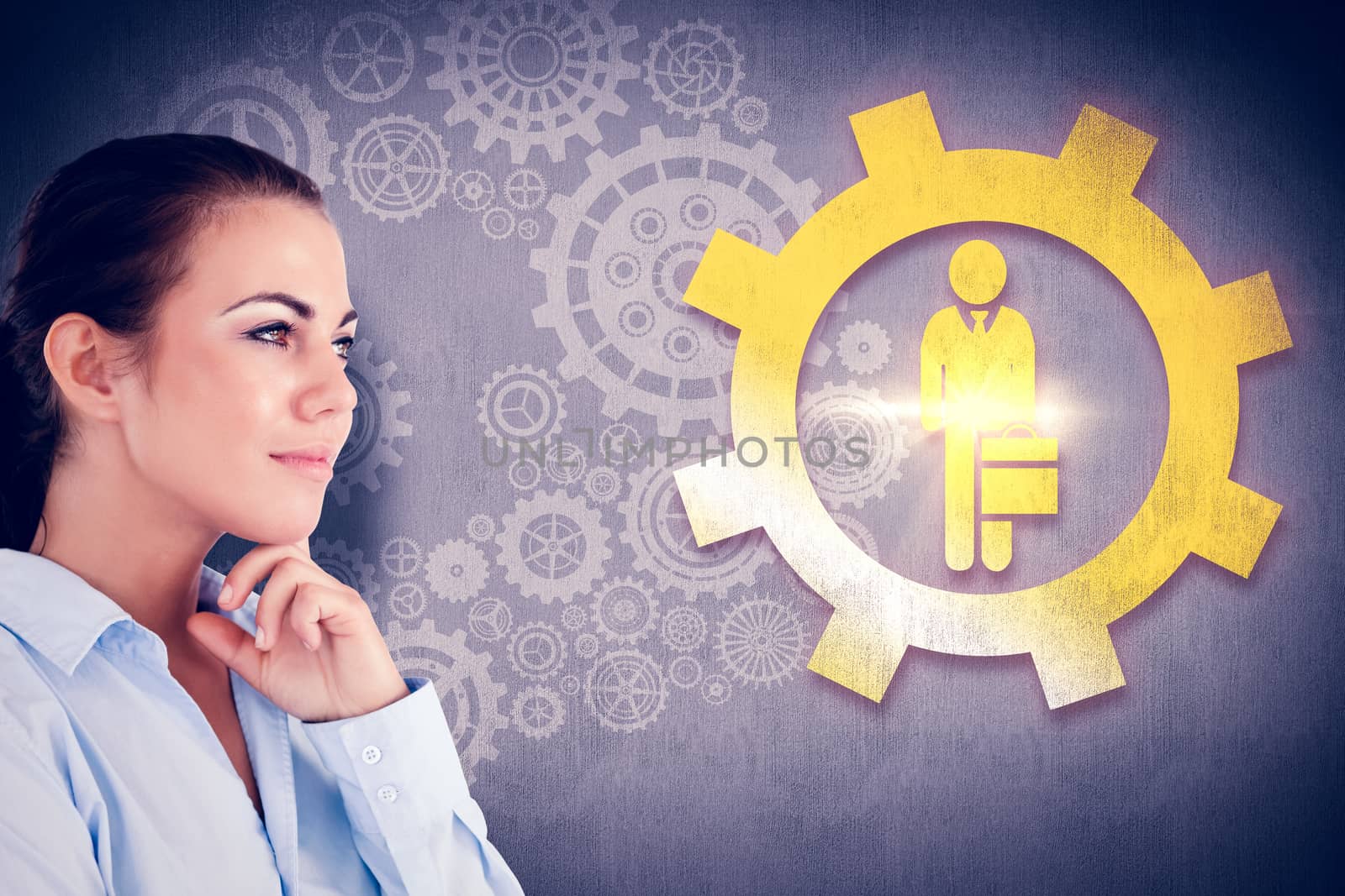 Side view of thinking businesswoman against white and grey background