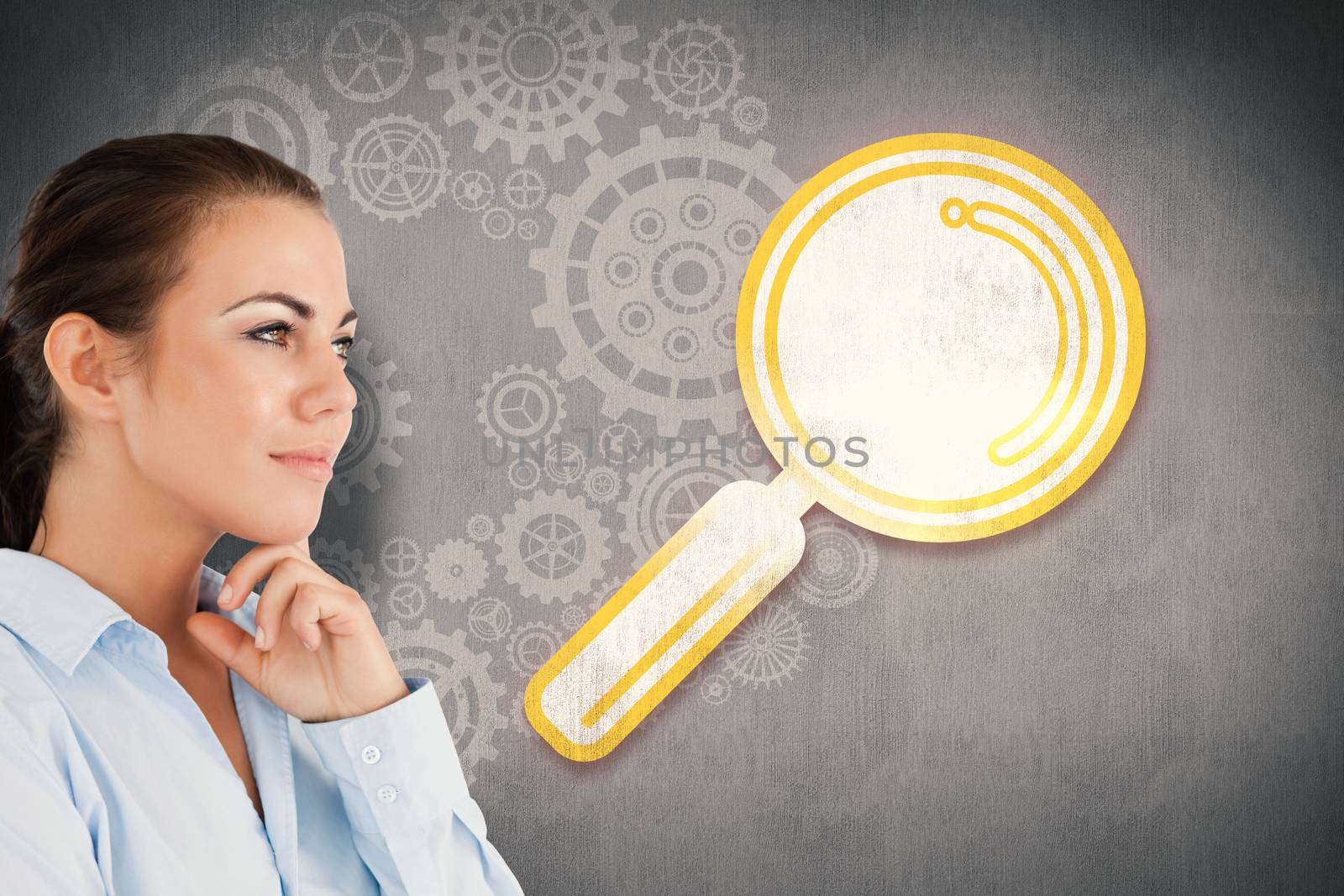 Side view of thinking businesswoman against white and grey background