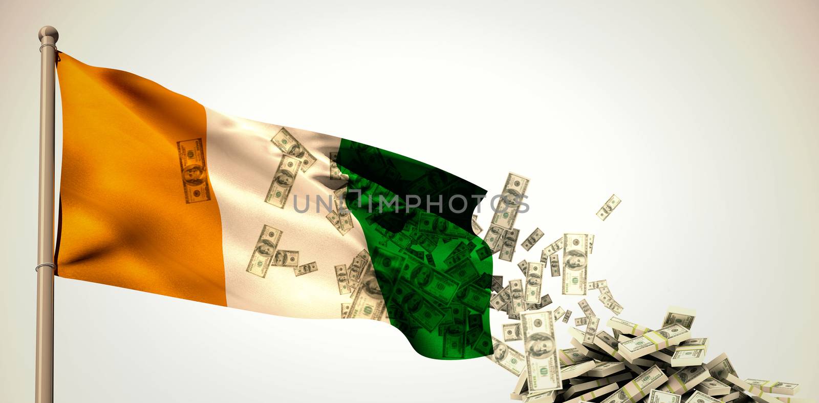 Falling dollars against white background with vignette