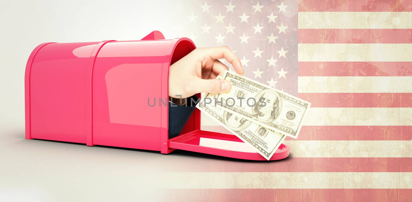 Hand holding hundred dollar bills against usa flag in grunge effect
