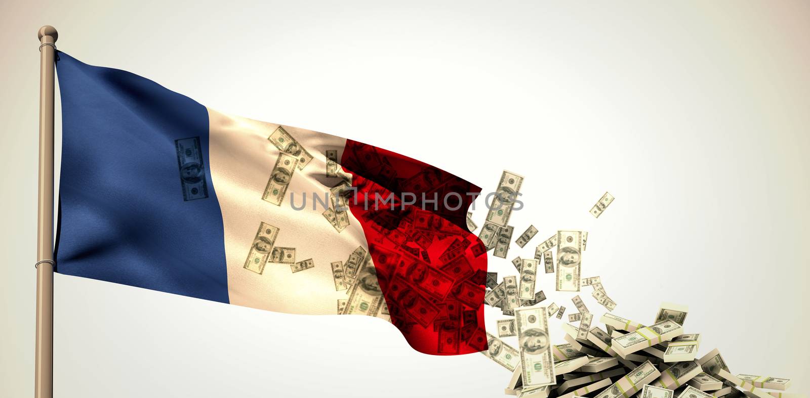 Falling dollars against white background with vignette