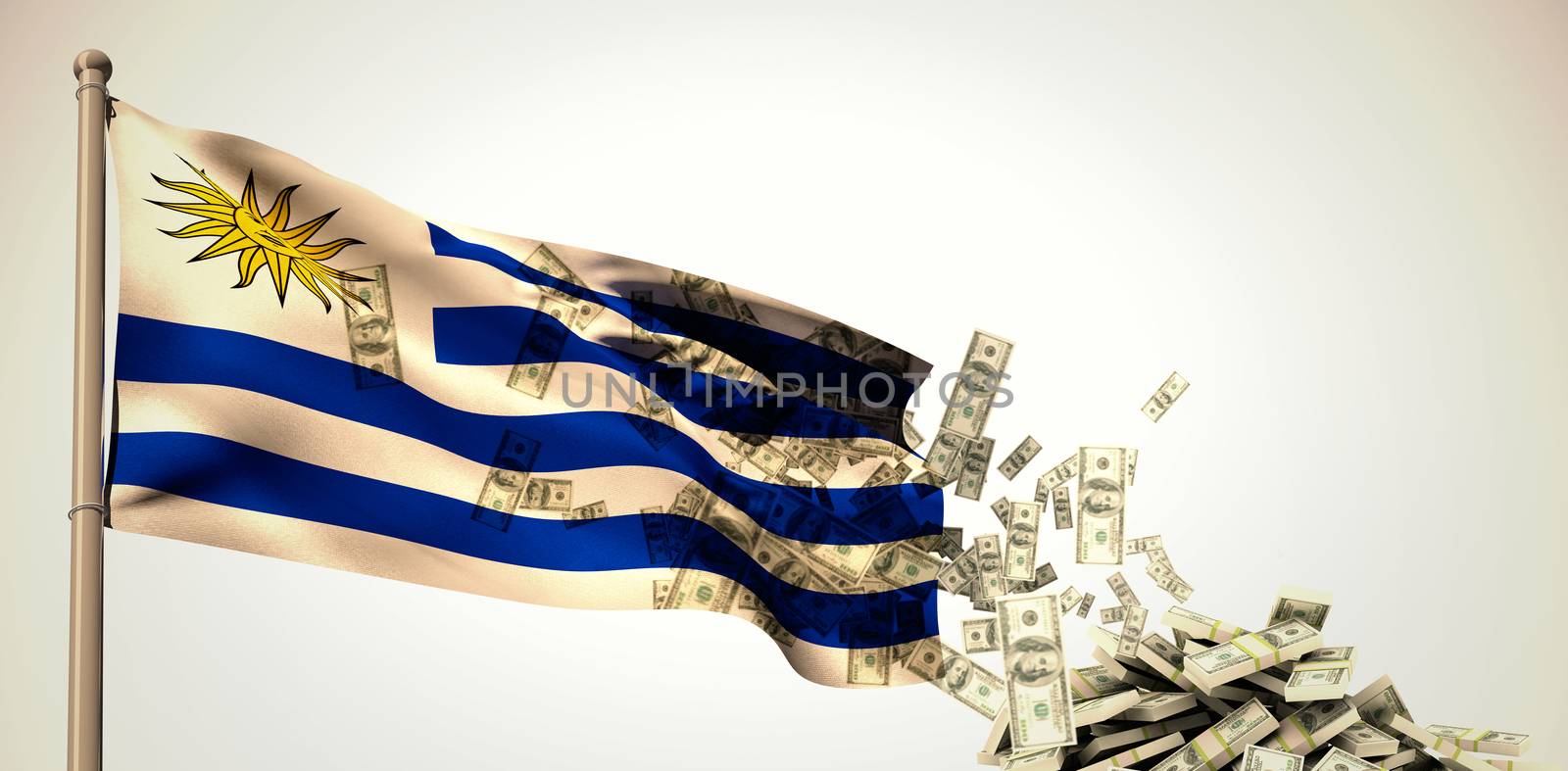 Falling dollars against white background with vignette