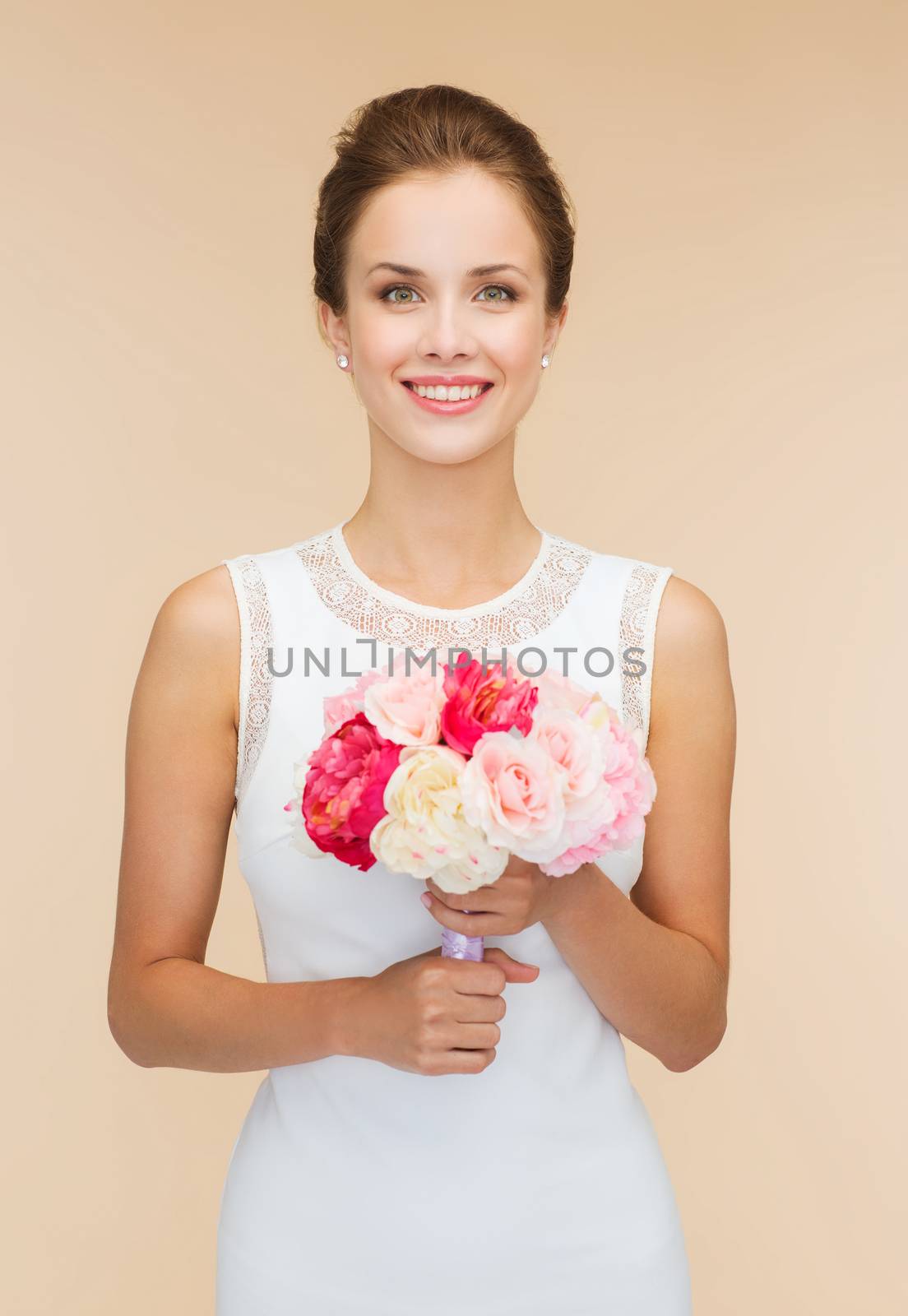 happiness, wedding, holidays and celebration concept - smiling bride or bridesmaid in white dress with bouquet of flowers