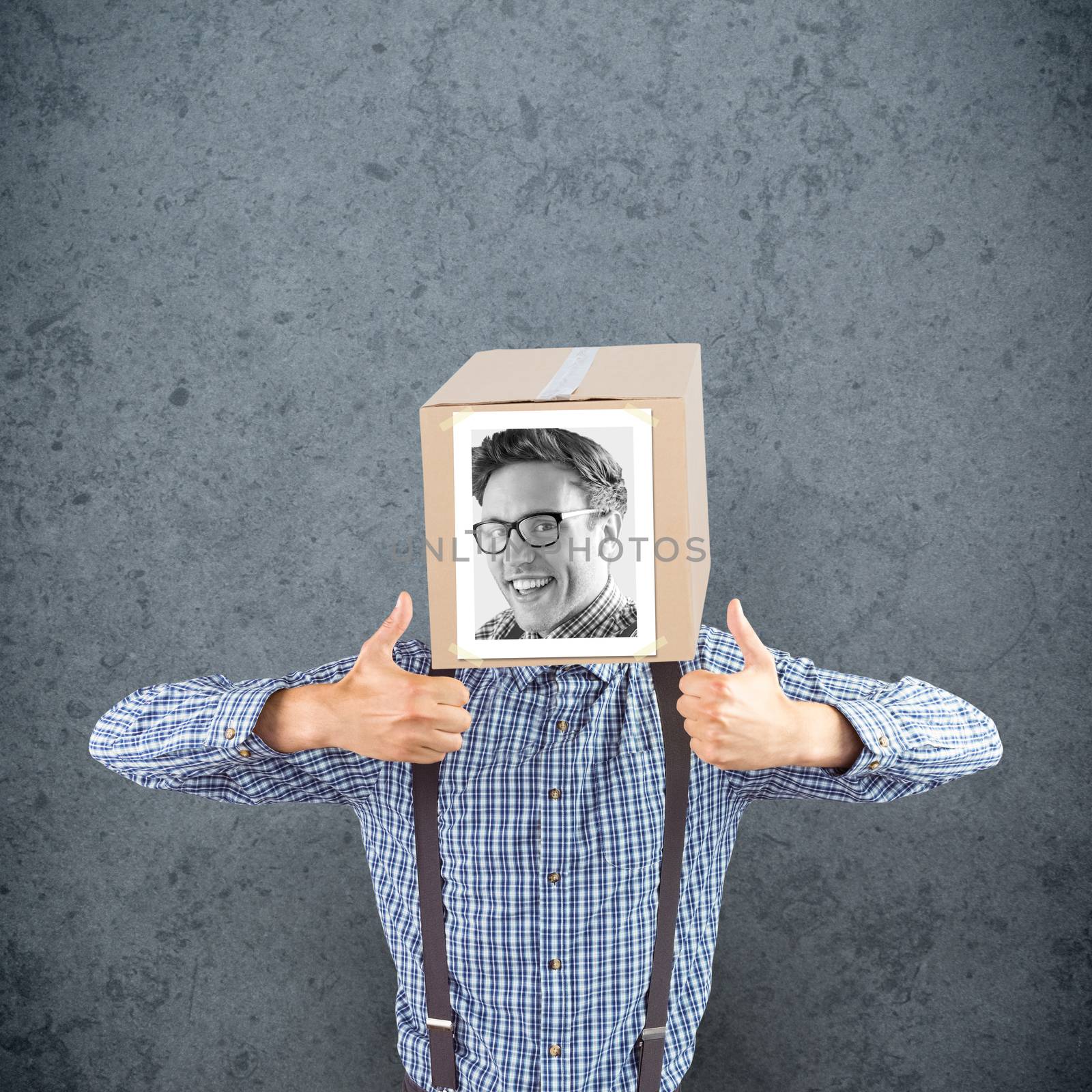 Businessman with photo box on head against dirty old wall background