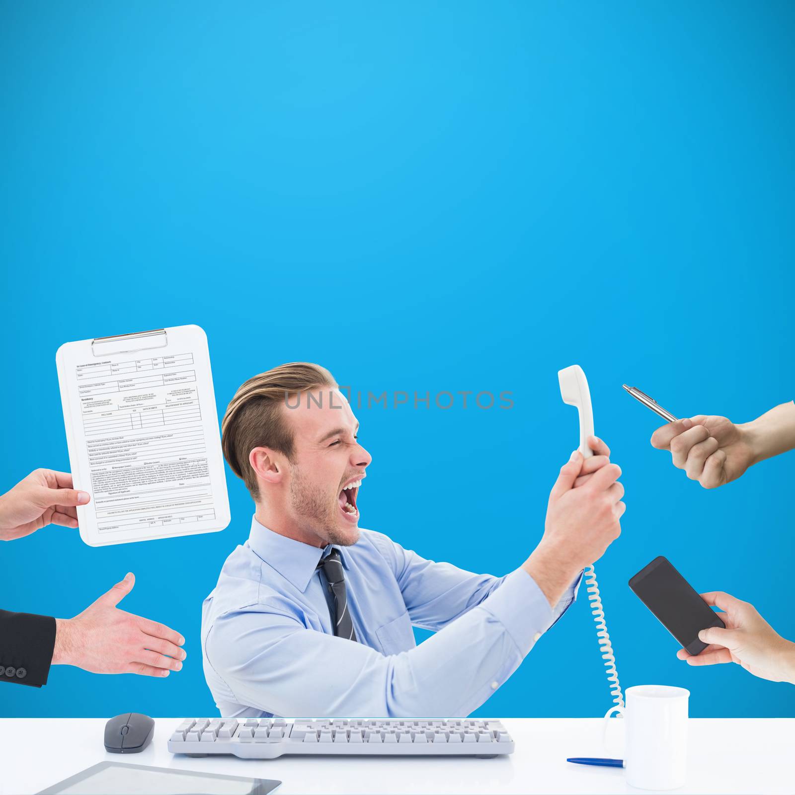 Businessman in suit offering his hand against blue background with vignette