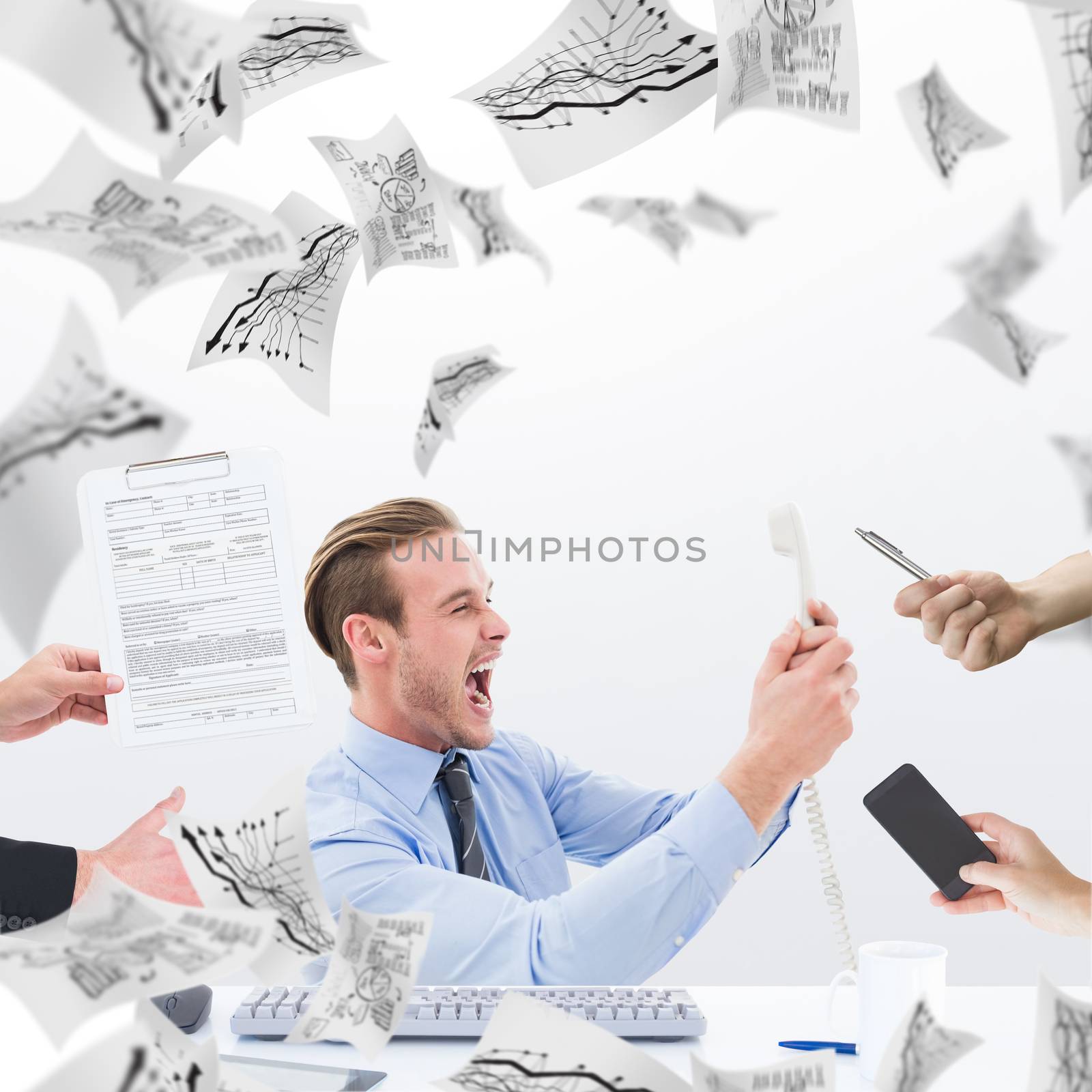 Businessman in suit offering his hand against pages flying