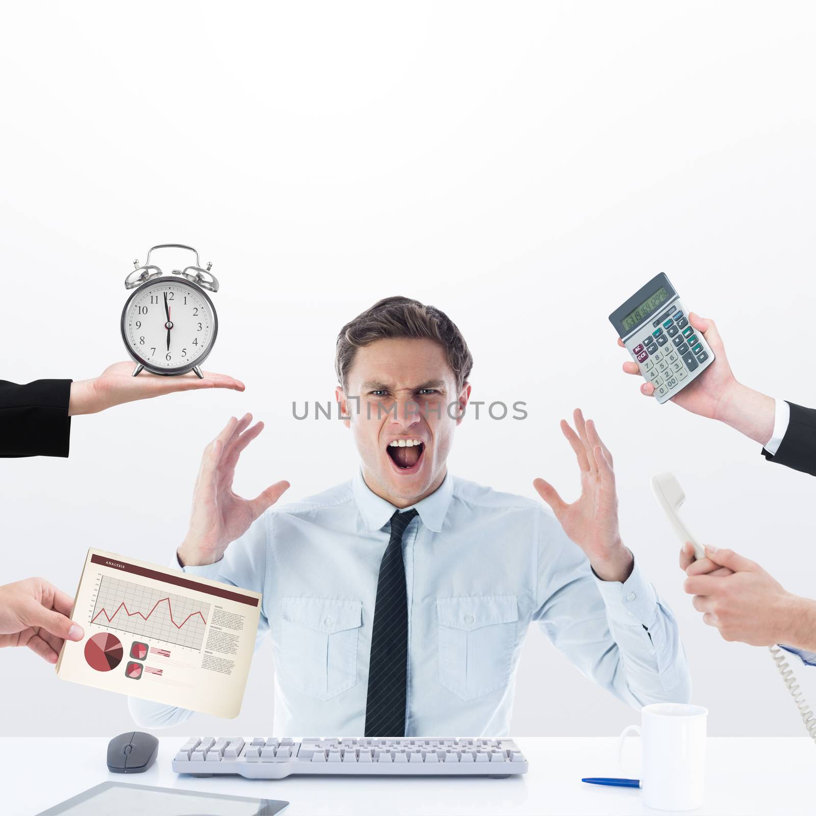 Composite image of hand holding alarm clock