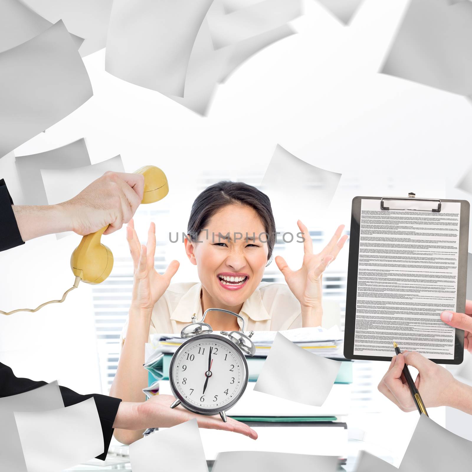 hand holding phone against angry businesswoman shouting with stack of folders at desk