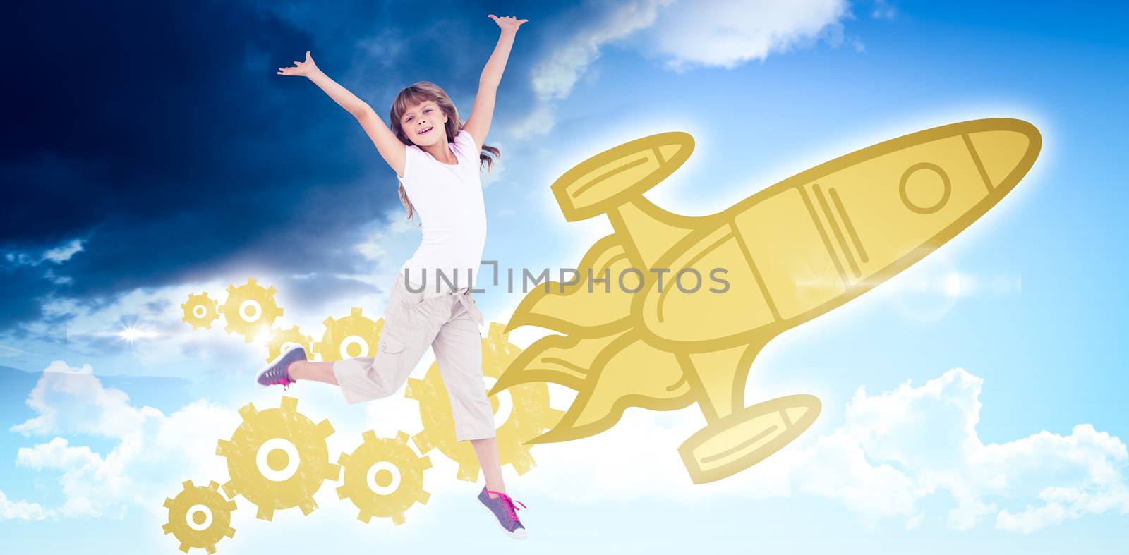Composite image of happy girl jumping  by Wavebreakmedia