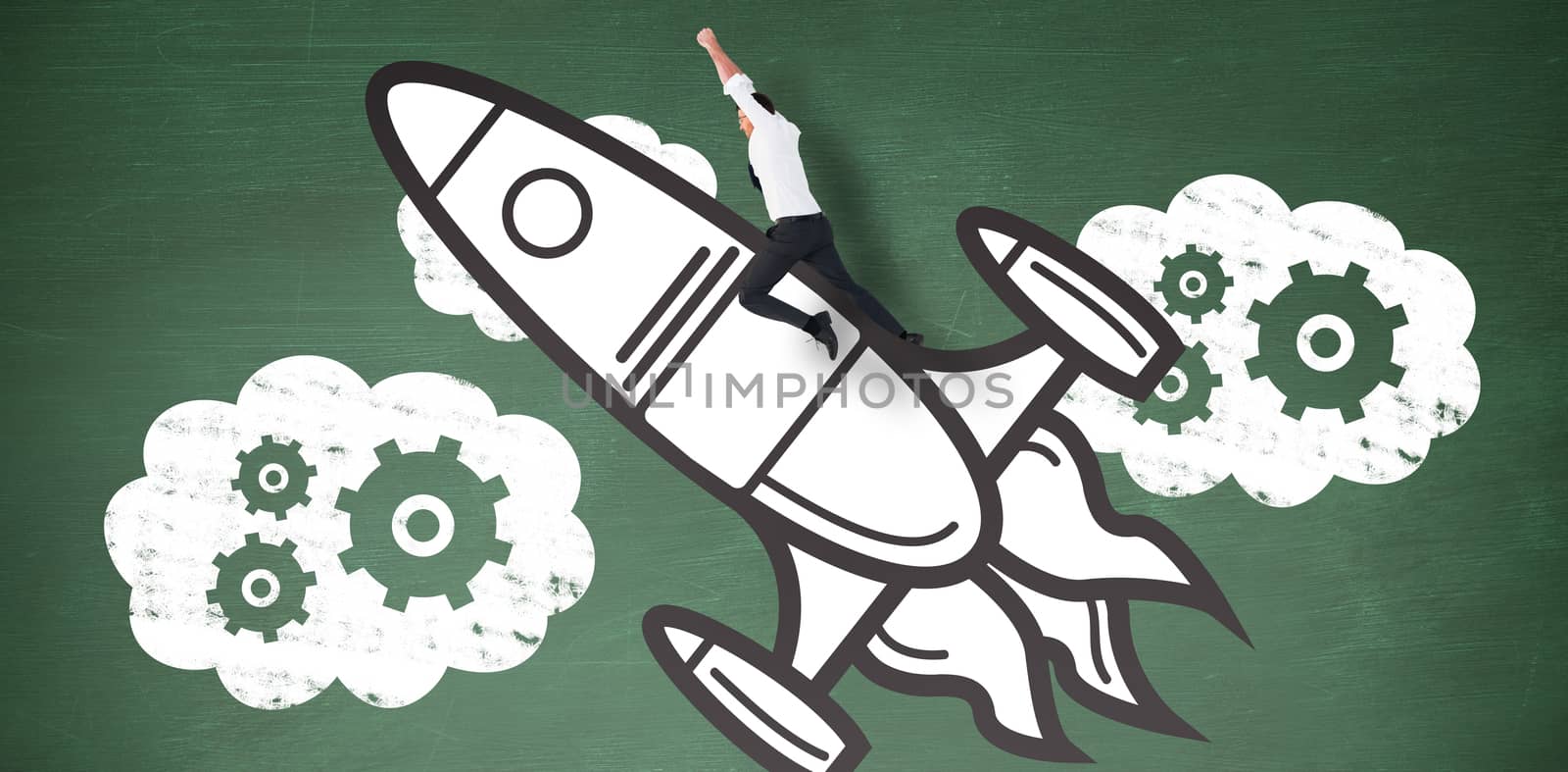 Flying businessman against green chalkboard