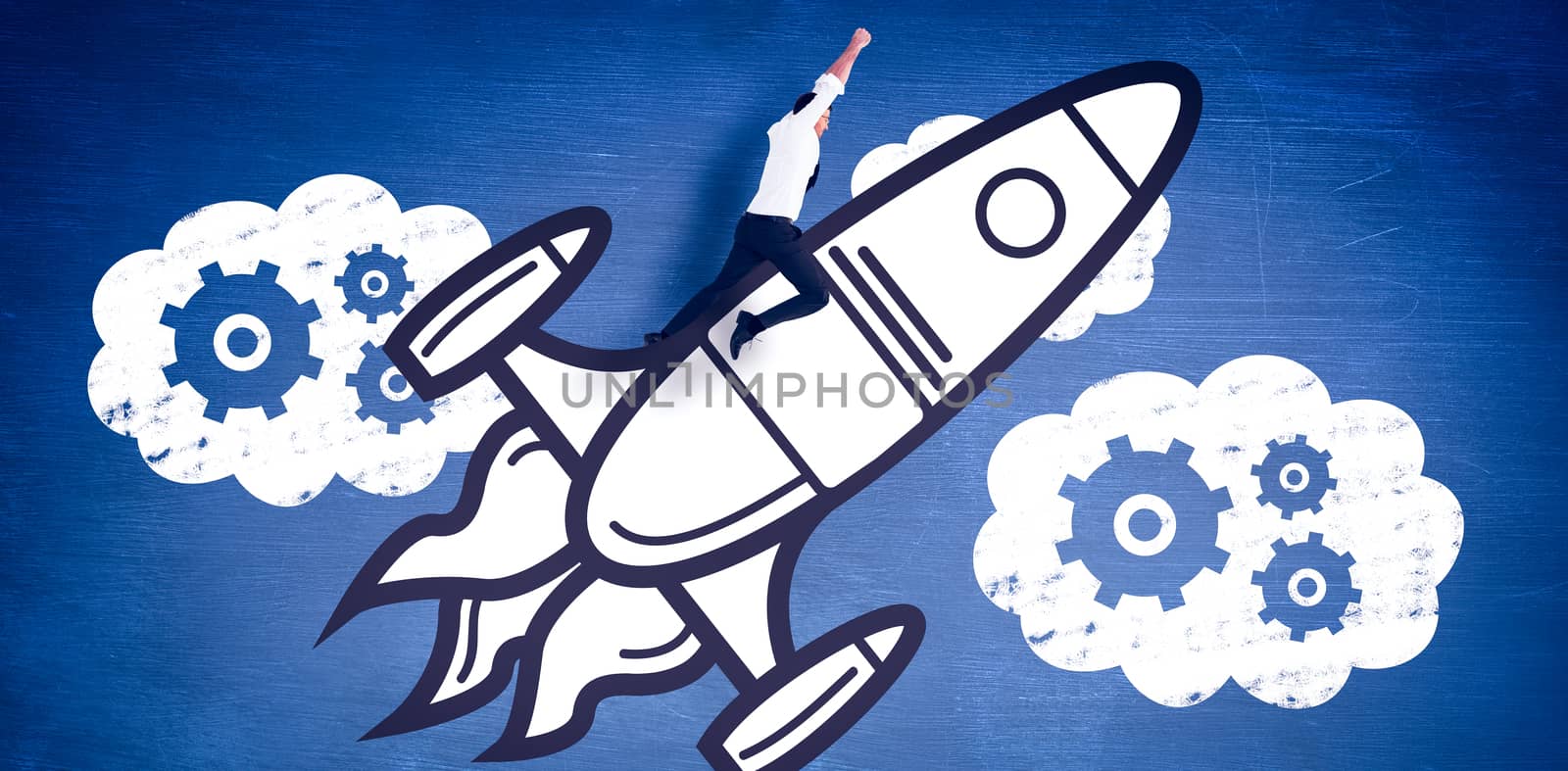 Flying businessman against blue chalkboard