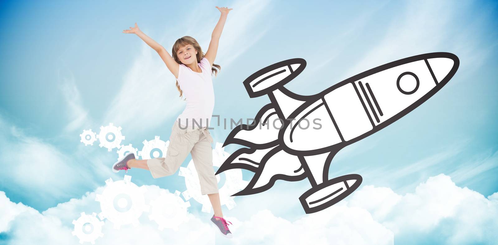 Composite image of happy girl jumping  by Wavebreakmedia