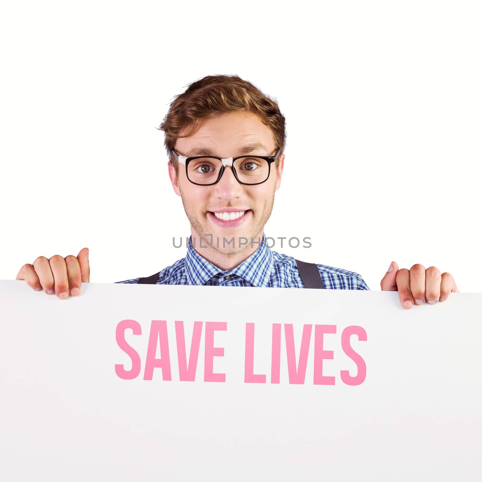 Geeky hipster showing a card against save lives