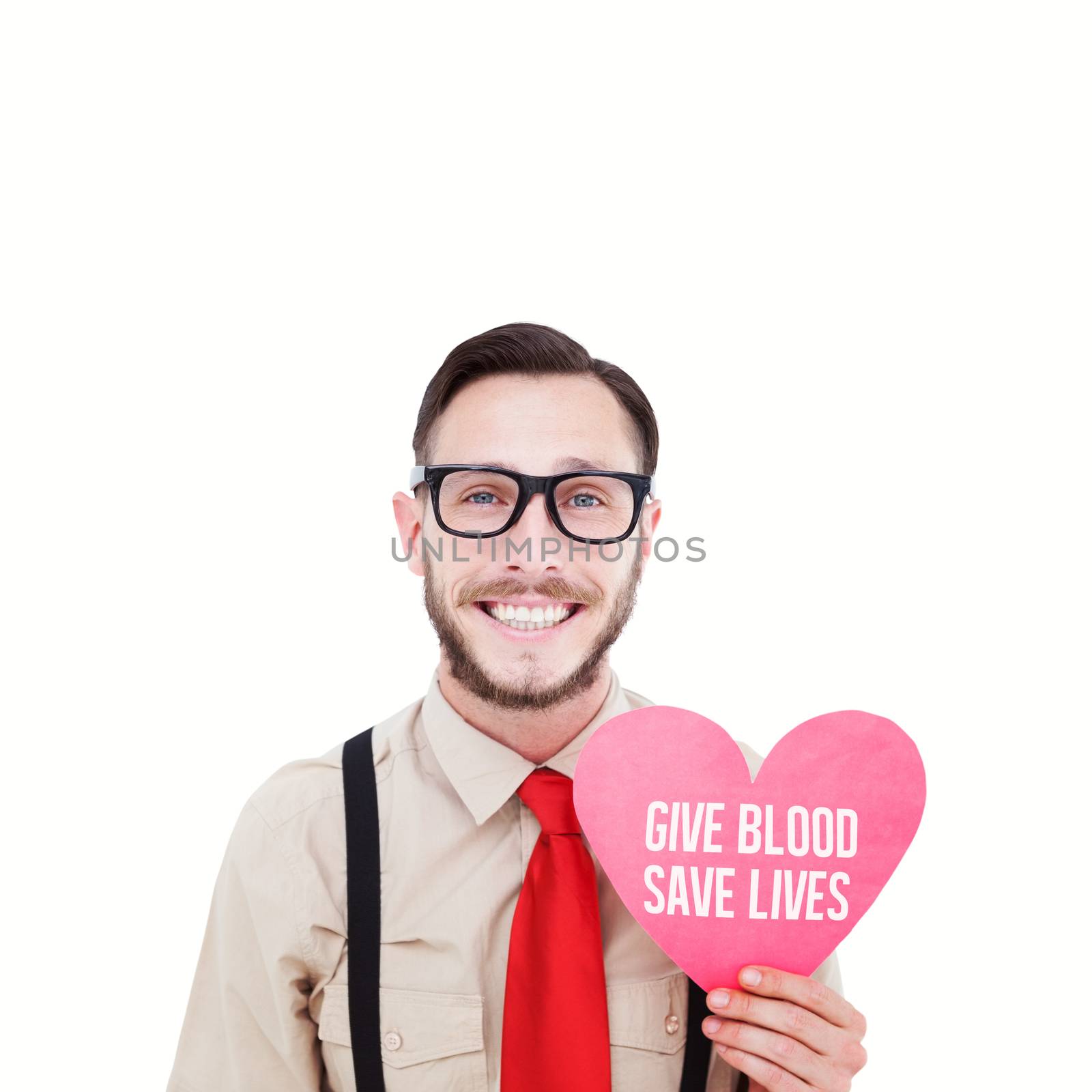 Geeky hipster smiling and holding heart card against give blood save lives