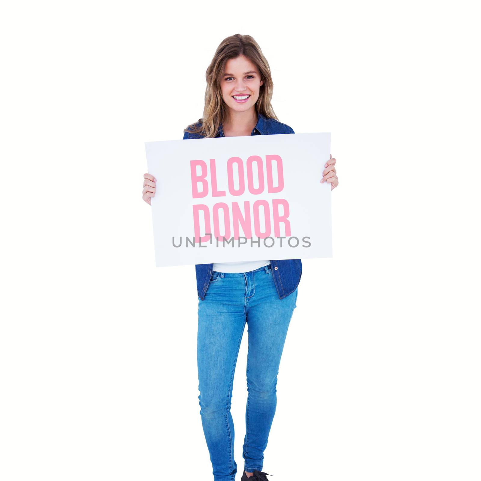 Woman holding poster  against blood donor