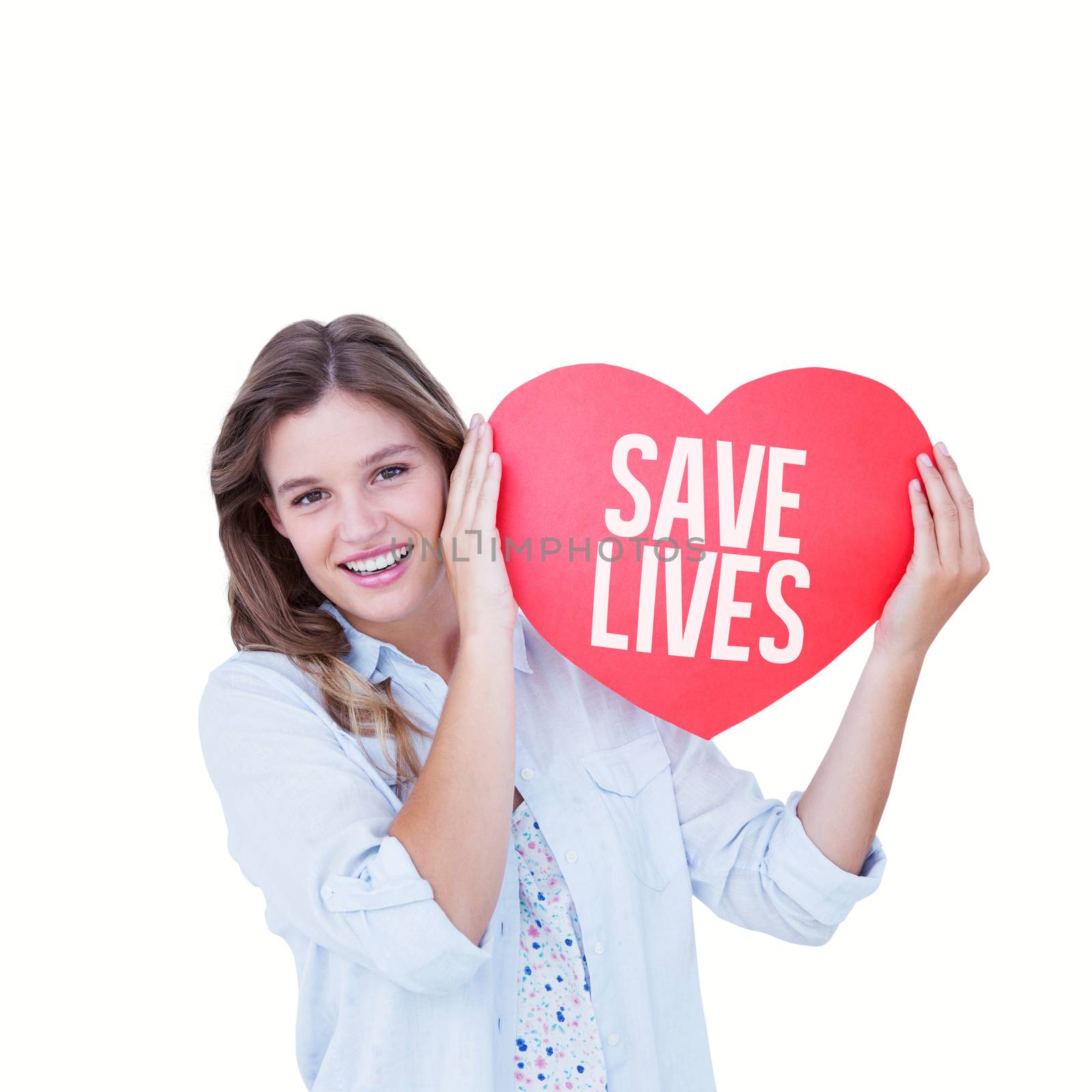 Woman holding heart card  against save lives