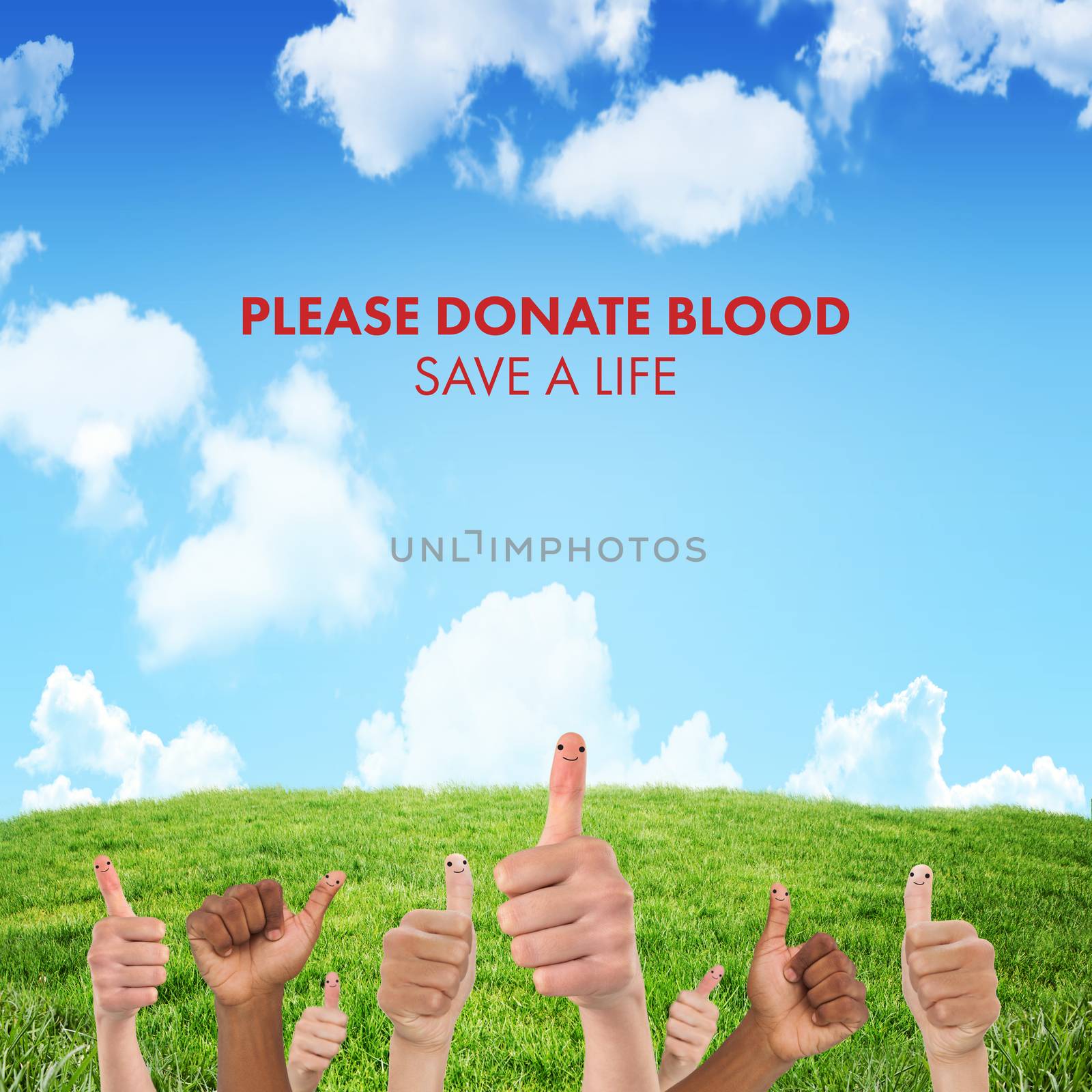 Blood donation against blue sky over green field