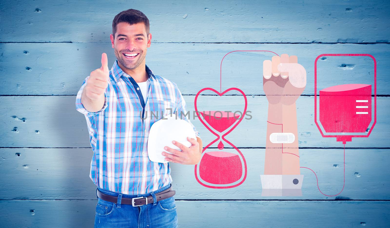 Composite image of confident manual worker gesturing thumbs up by Wavebreakmedia