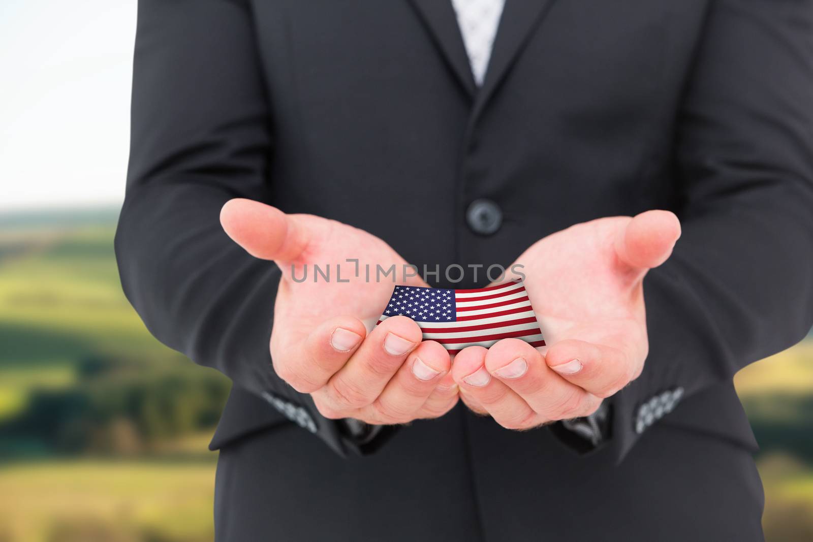 Businessman holding his hands out against scenic landscape