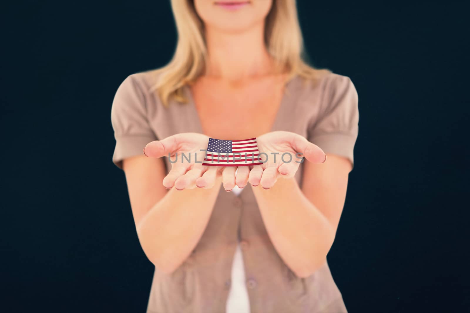 Composite image of happy blonde holding our her hands by Wavebreakmedia