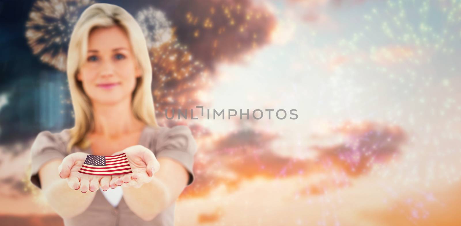 Composite image of happy blonde holding hands out by Wavebreakmedia