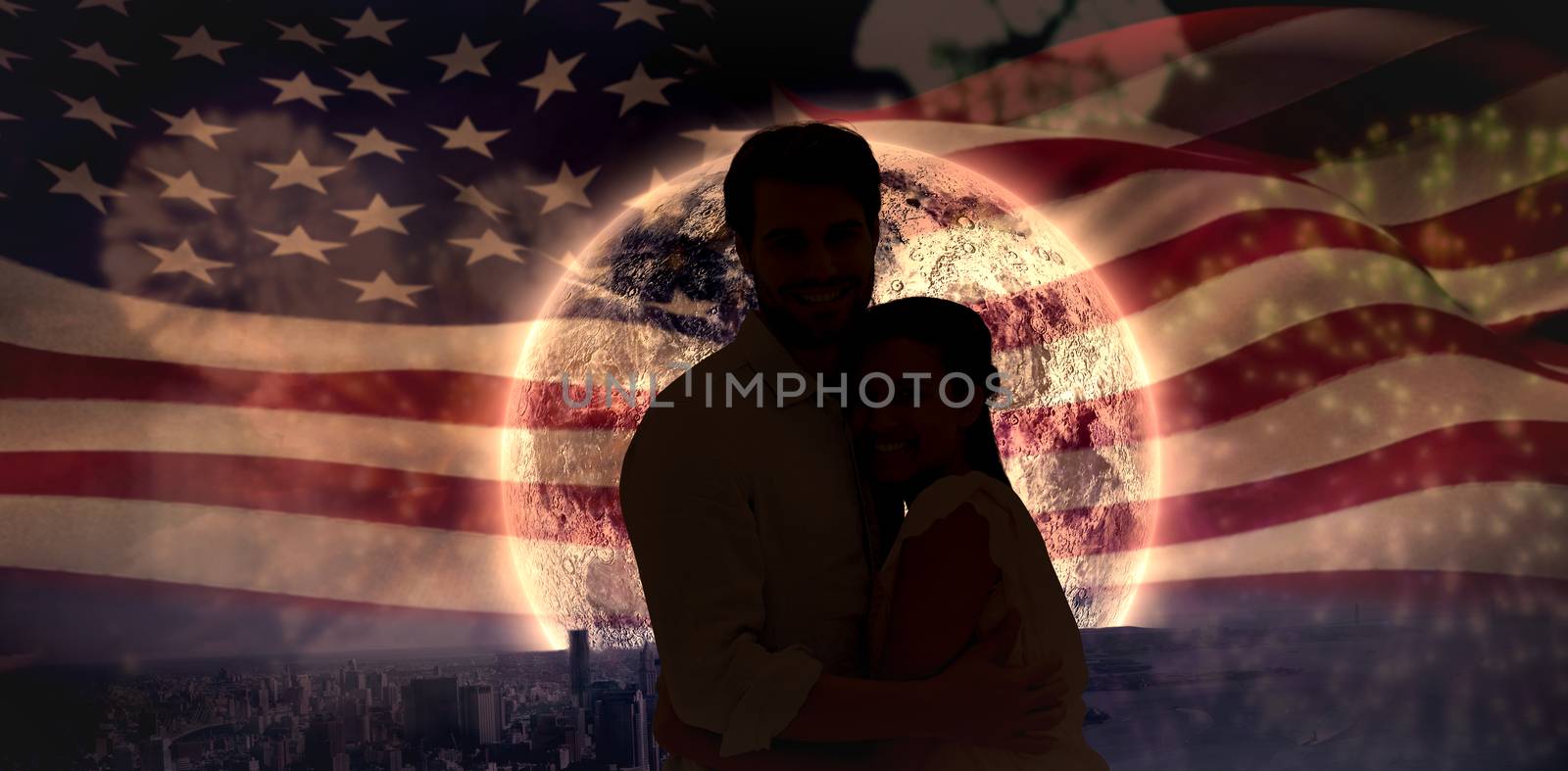Composite image of attractive young couple hugging and smiling at camera by Wavebreakmedia