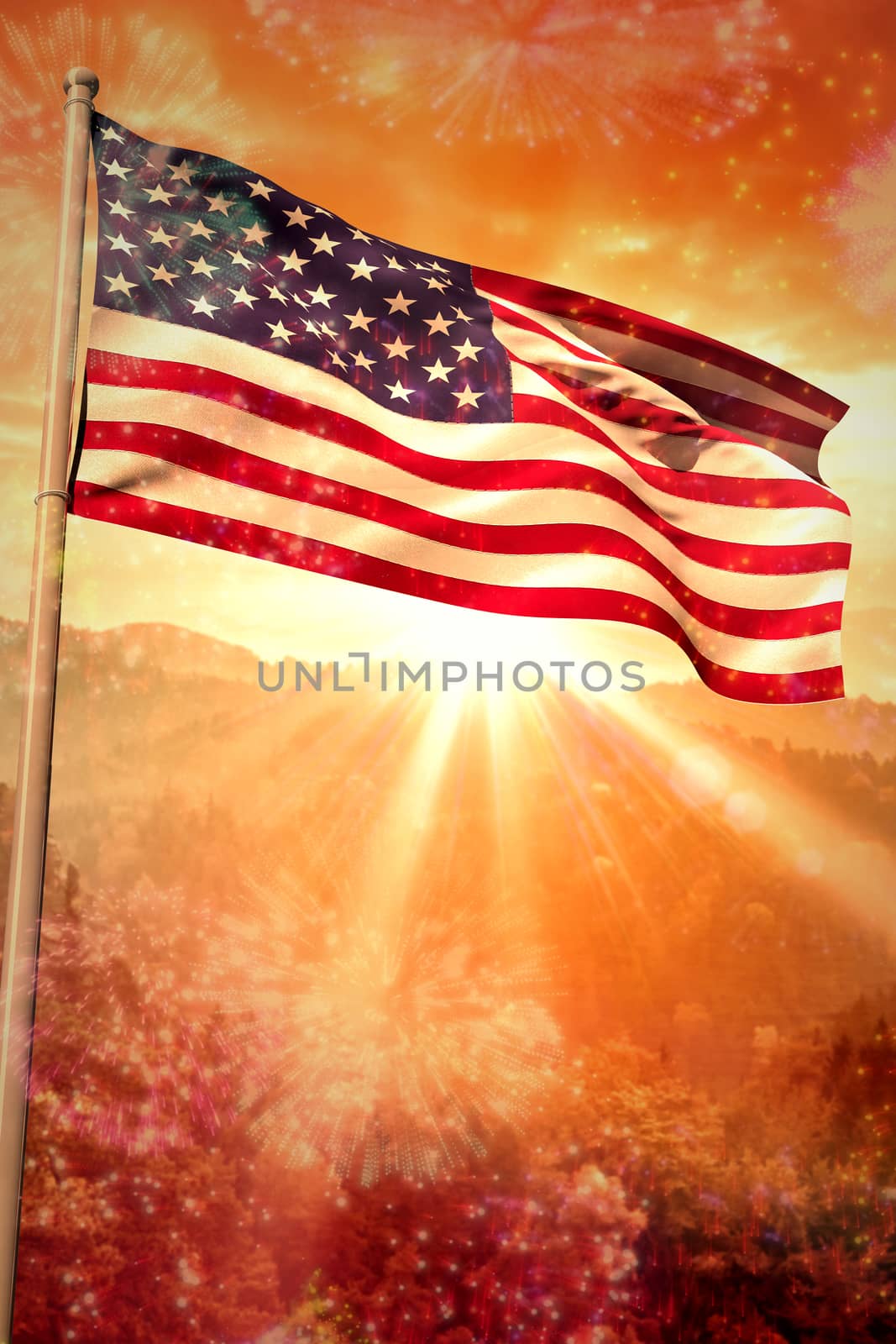 USA national flag against colourful fireworks exploding on black background