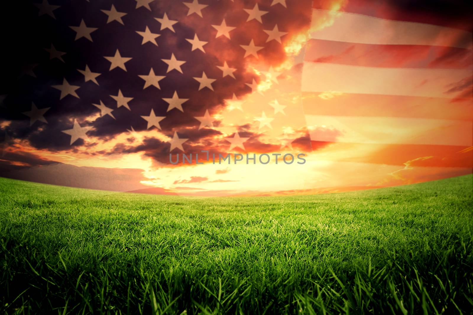 United states of america flag against green field under orange sky