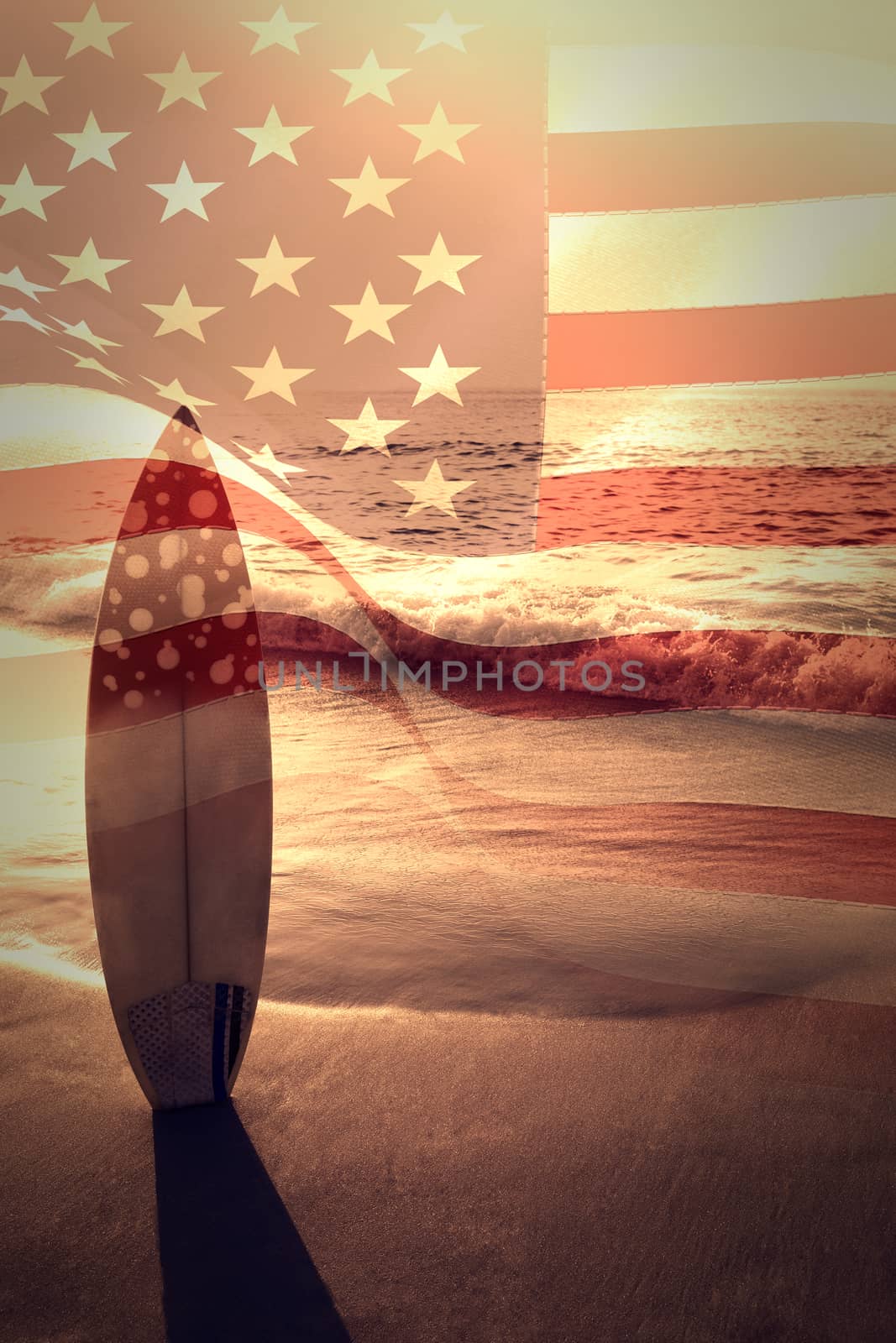 Digitally generated united states national flag against surf board standing on the sand