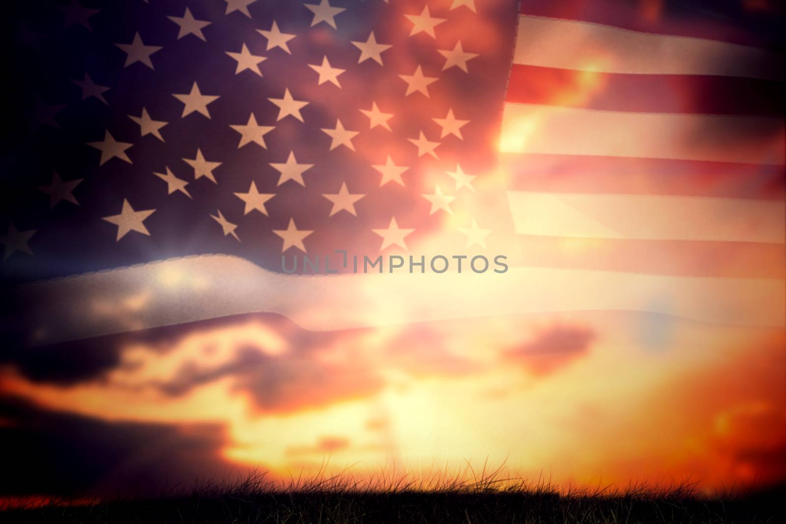 United states of america flag against blue and orange sky with clouds