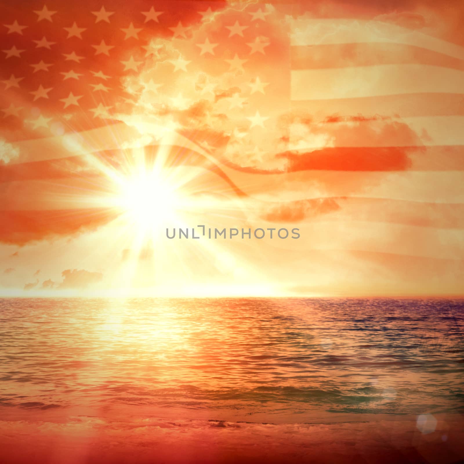 Digitally generated united states national flag against sunrise over magical sea