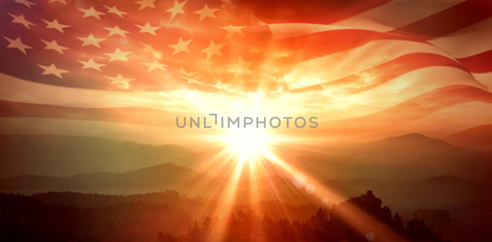 Digitally generated american flag rippling against sunrise over mountains