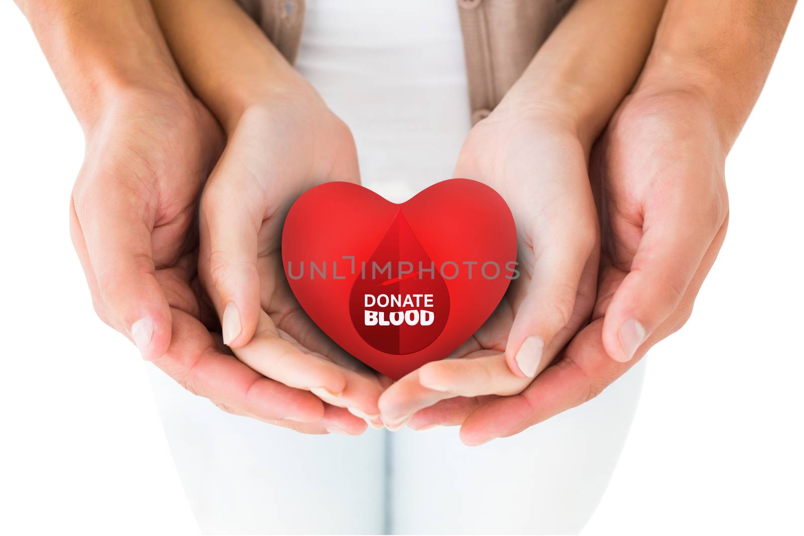 Couple holding miniature heart in hands against donate blood