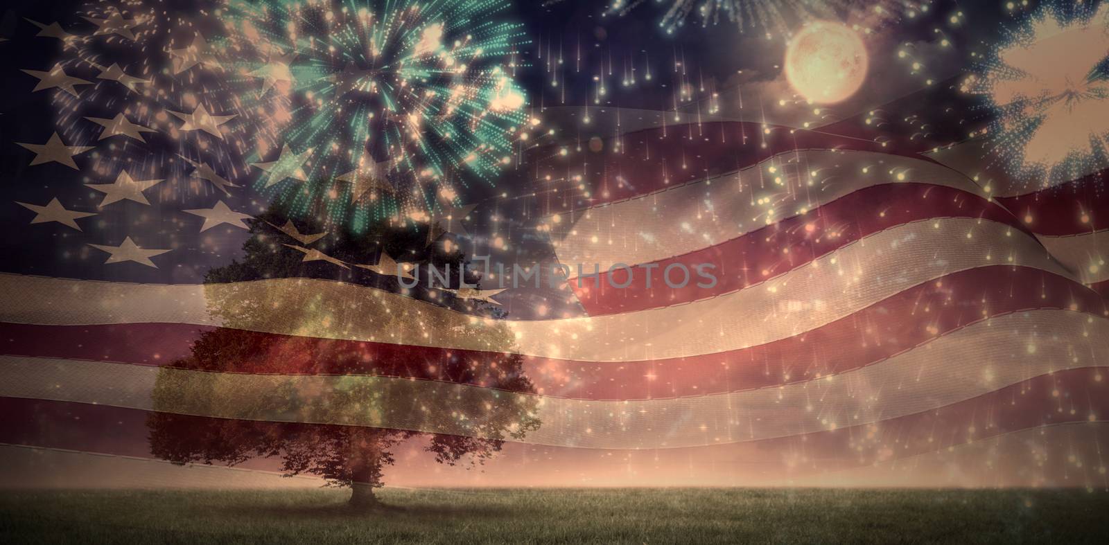 Digitally generated american flag rippling against colourful fireworks exploding on black background