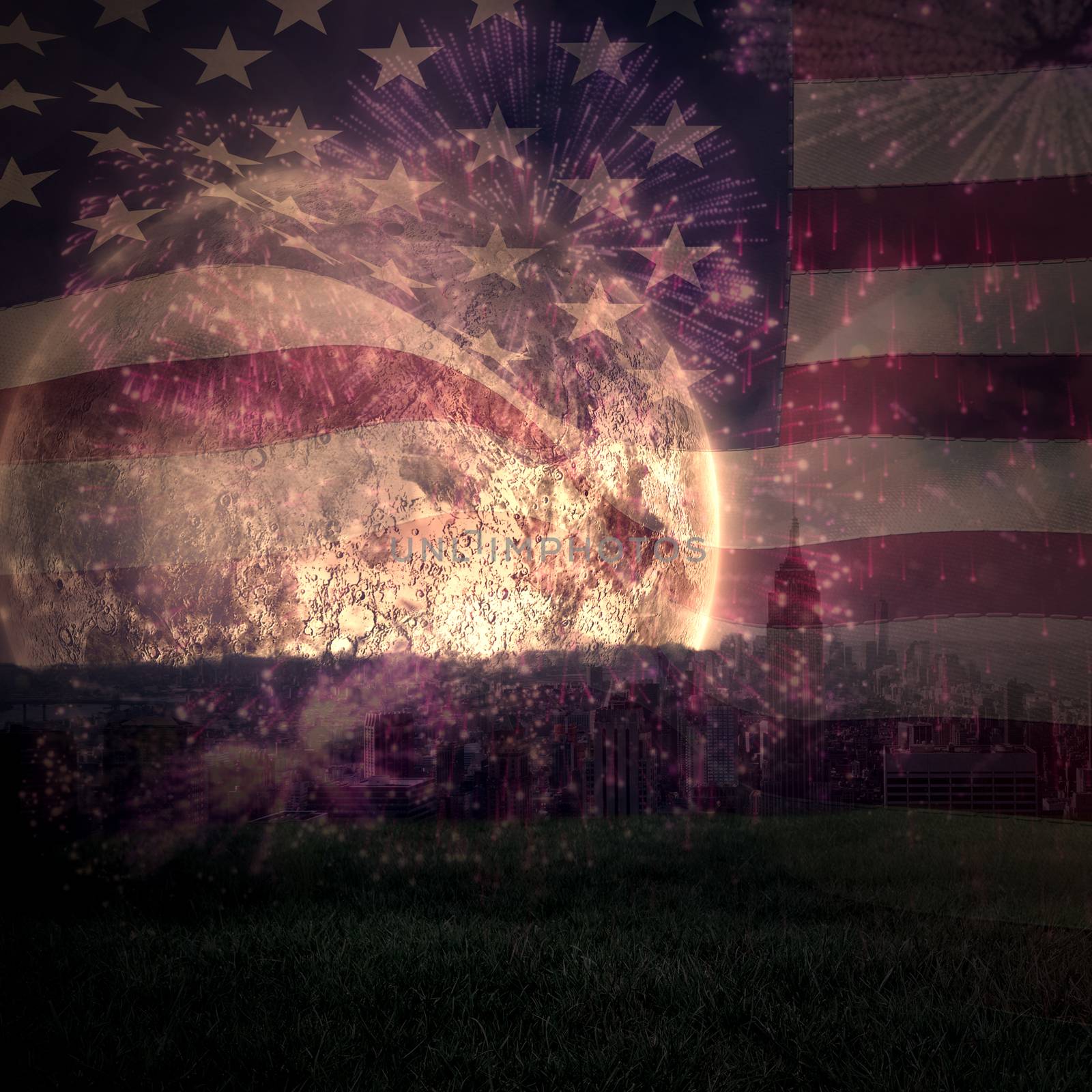 Digitally generated united states national flag against colourful fireworks exploding on black background