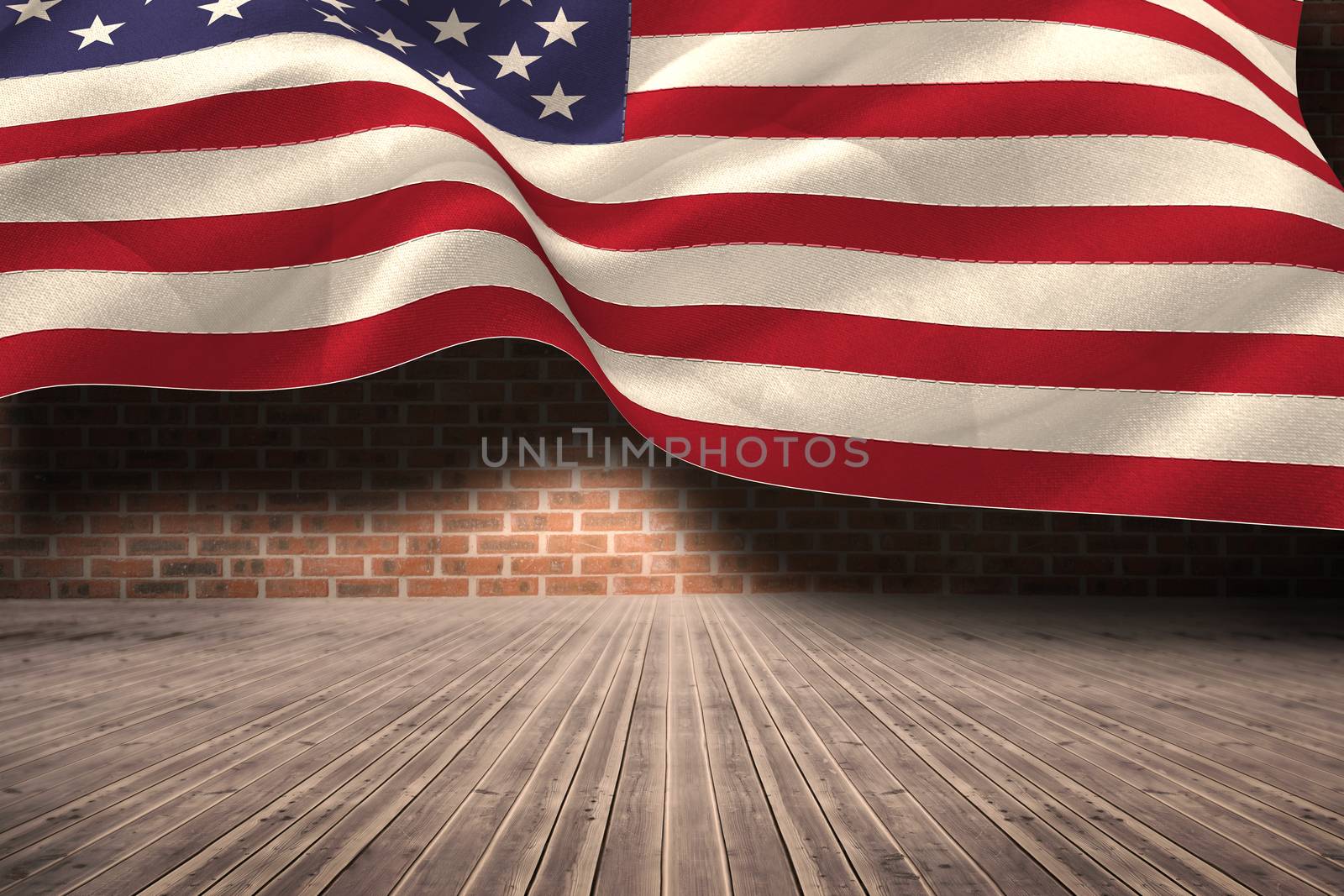 Digitally generated united states national flag against room with brick wall